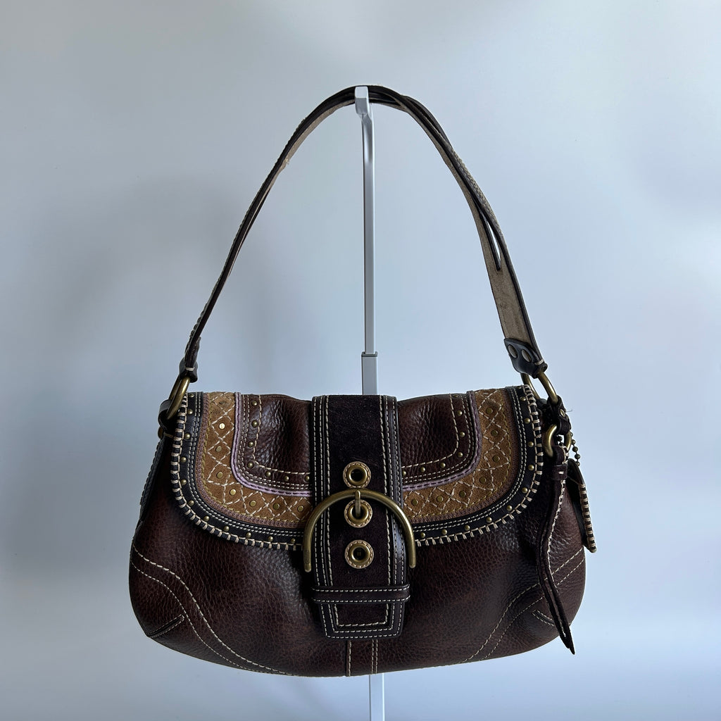 Coach Soho F10479 Brown Pebbled Leather Embroidered Flap Bag Good