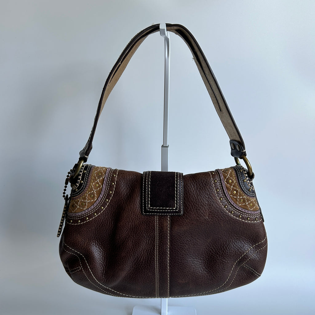 Coach Soho F10479 Brown Pebbled Leather Embroidered Flap Bag Good
