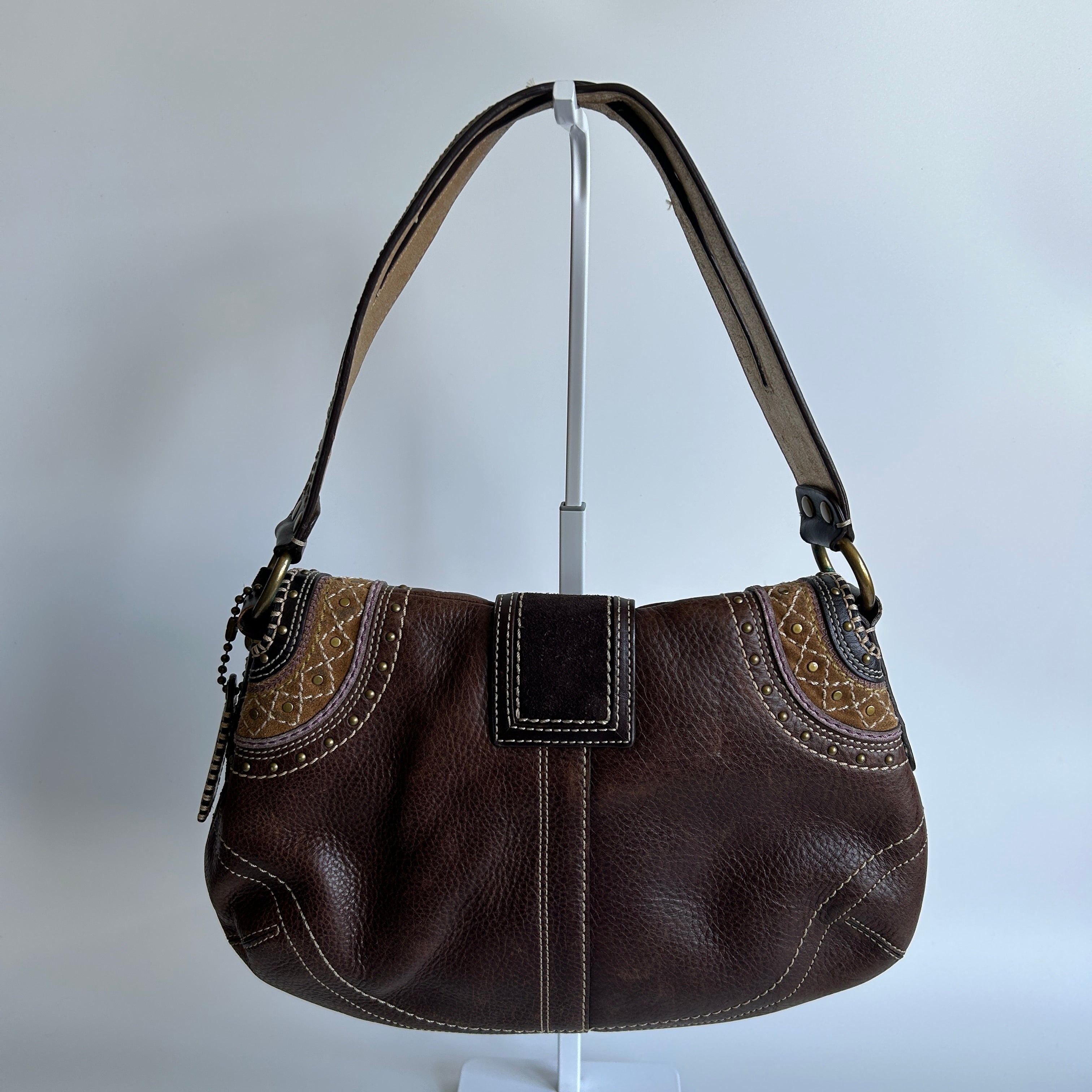 Coach Soho F10479 Brown Pebbled Leather Embroidered Flap Bag Good