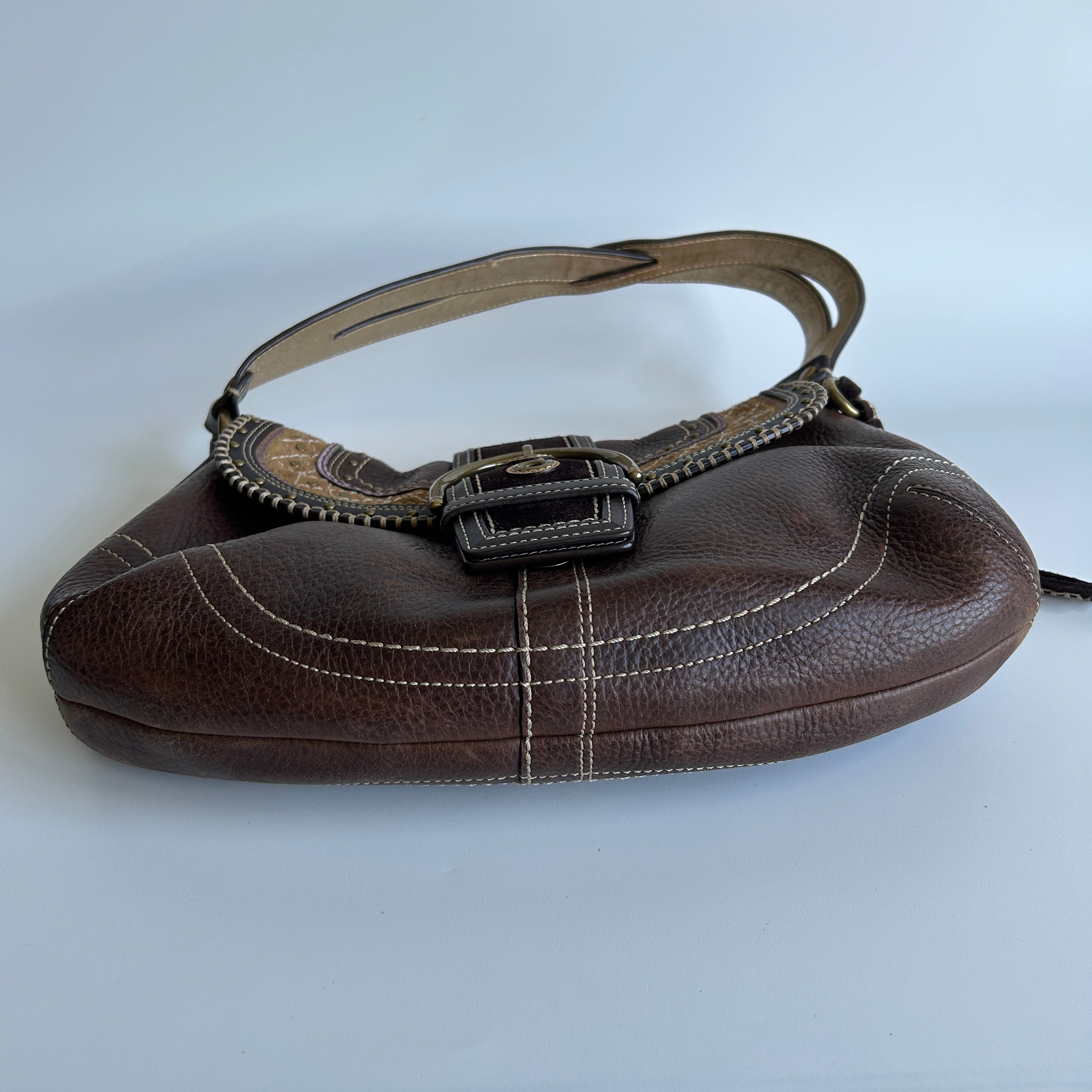 Coach Soho F10479 Brown Pebbled Leather Embroidered Flap Bag Good