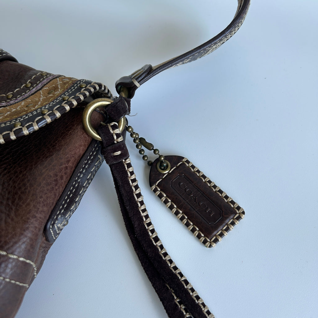 Coach Soho F10479 Brown Pebbled Leather Embroidered Flap Bag Good