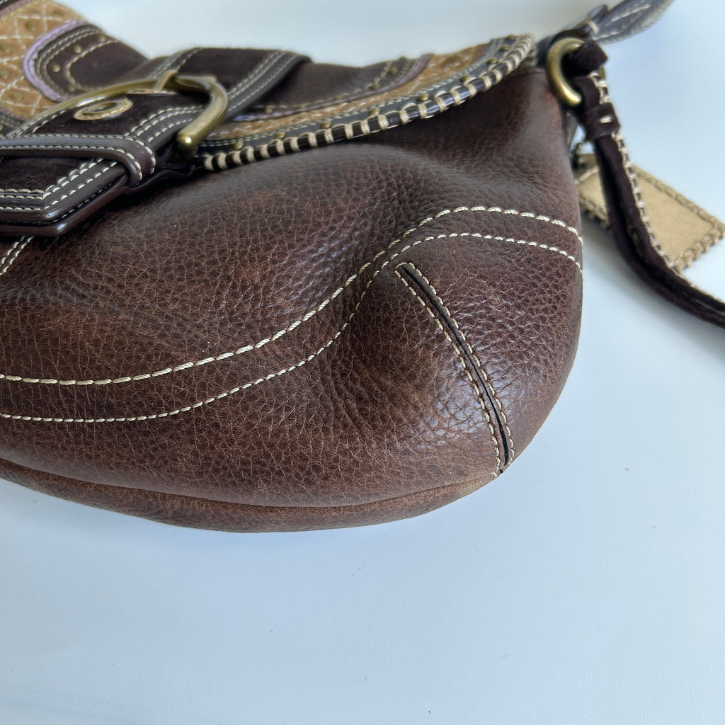 Coach Soho F10479 Brown Pebbled Leather Embroidered Flap Bag Good