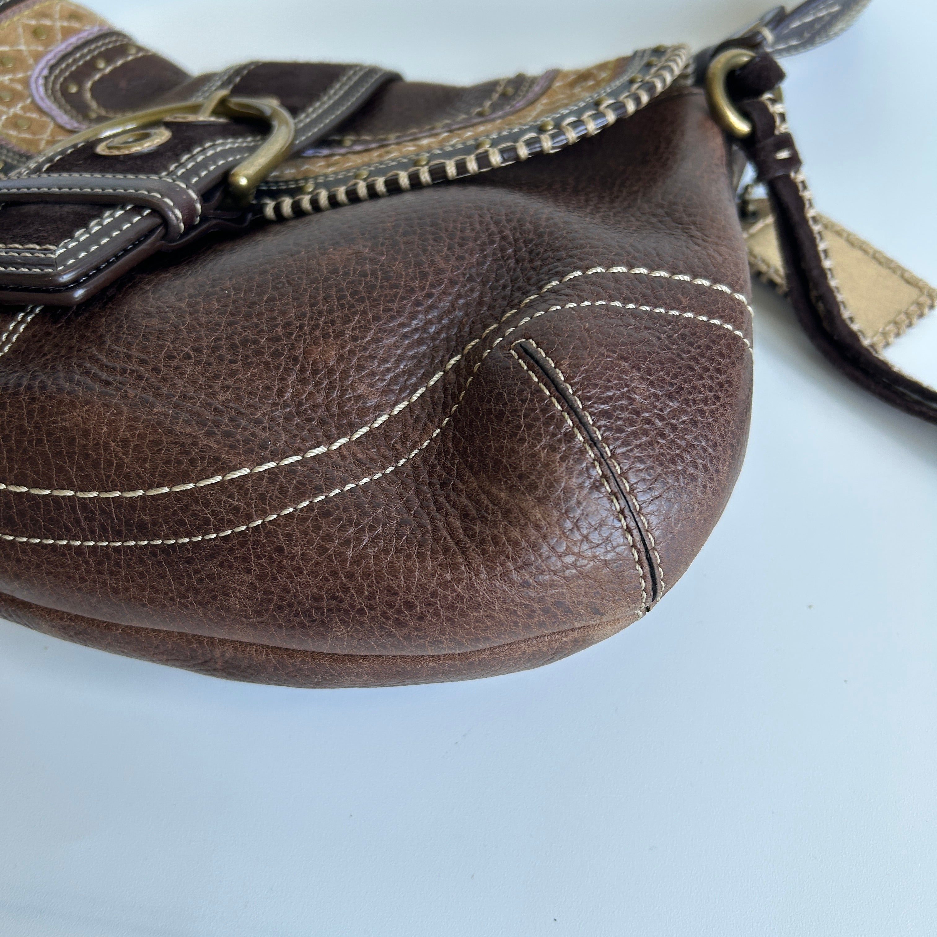 Coach Soho F10479 Brown Pebbled Leather Embroidered Flap Bag Good