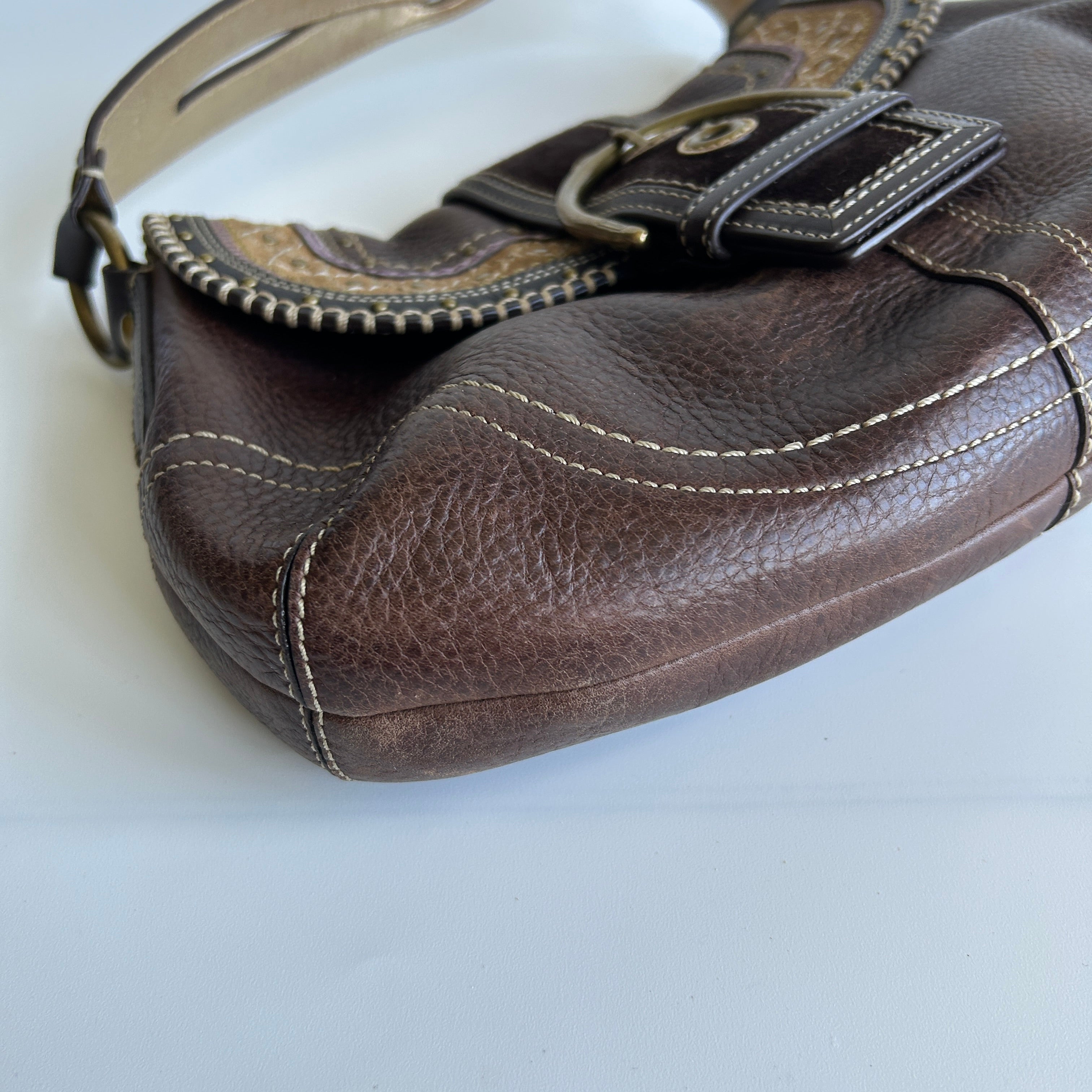 Coach Soho F10479 Brown Pebbled Leather Embroidered Flap Bag Good