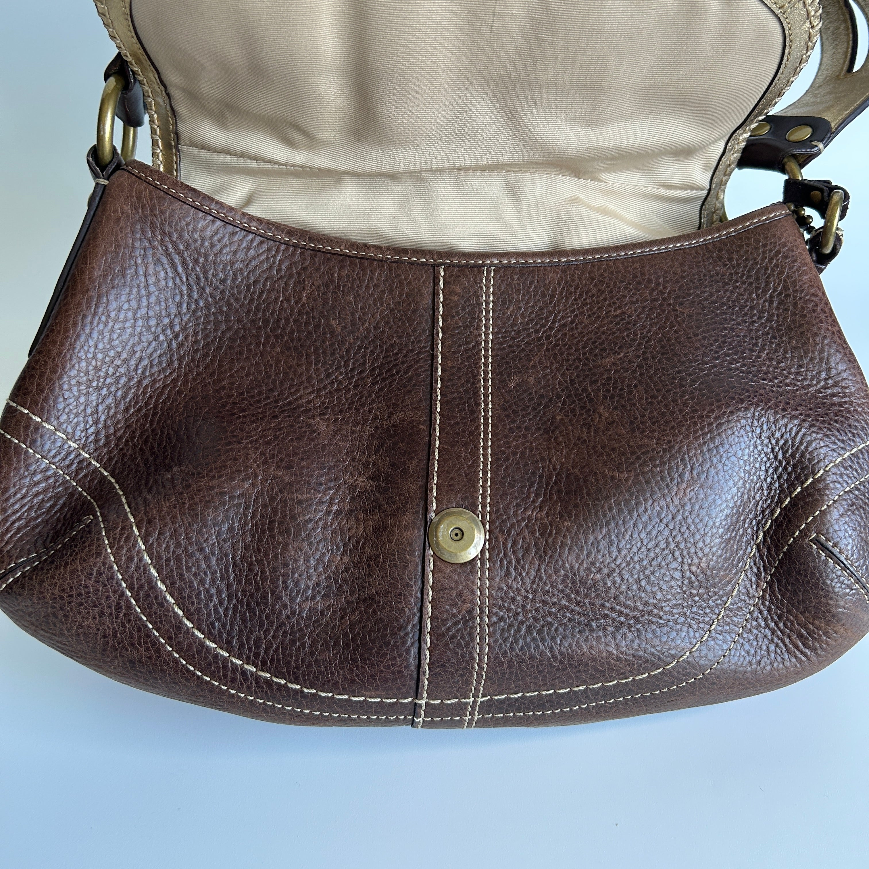 Coach Soho F10479 Brown Pebbled Leather Embroidered Flap Bag Good