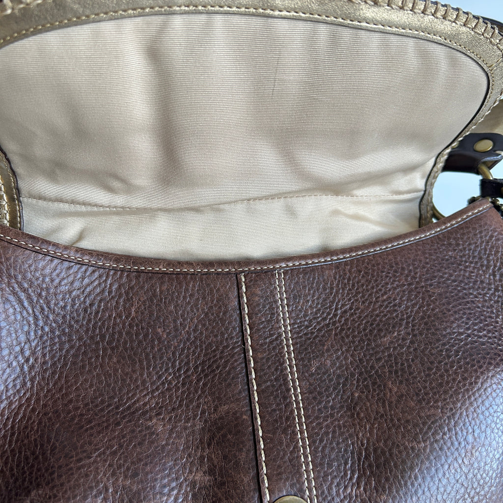 Coach Soho F10479 Brown Pebbled Leather Embroidered Flap Bag Good