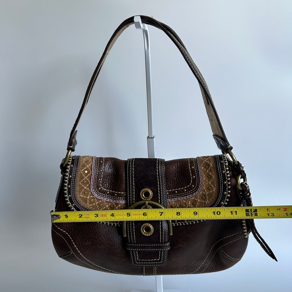 Coach Soho F10479 Brown Pebbled Leather Embroidered Flap Bag Good