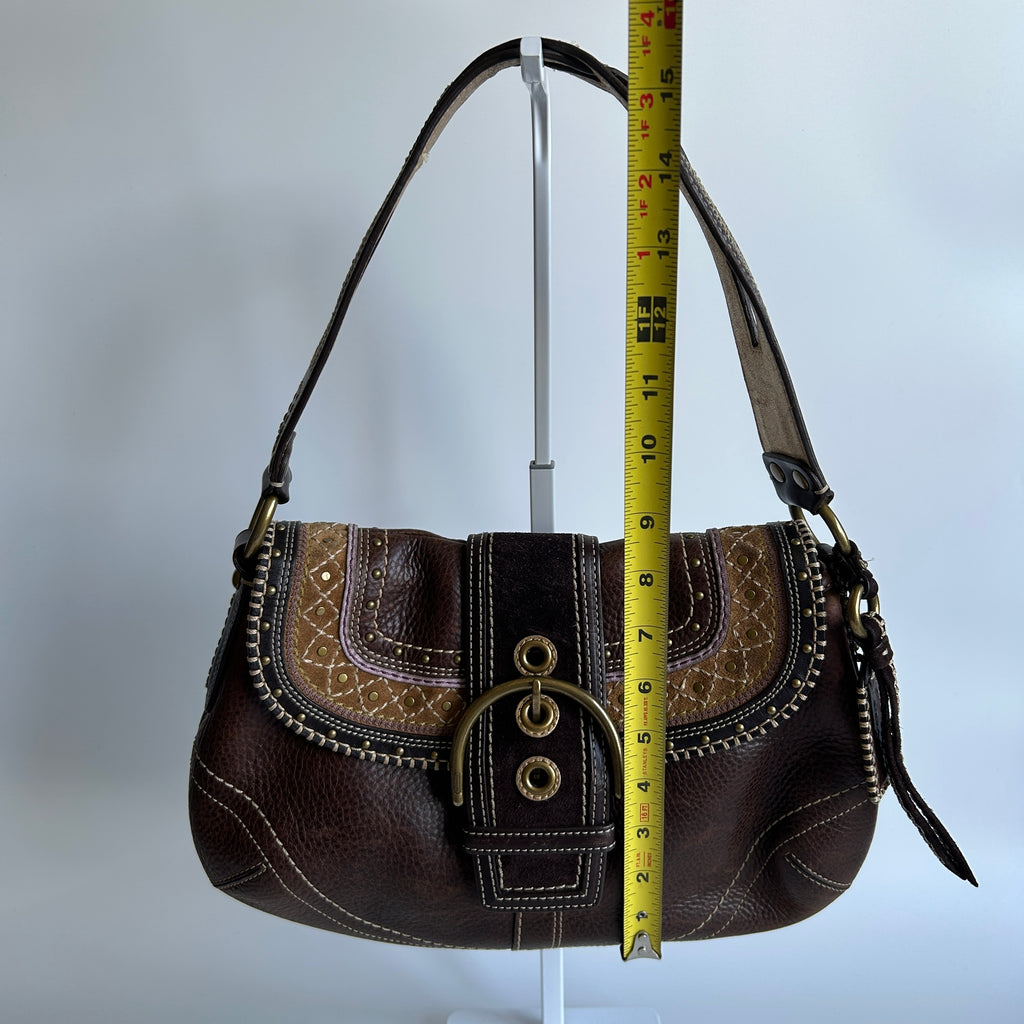 Coach Soho F10479 Brown Pebbled Leather Embroidered Flap Bag Good