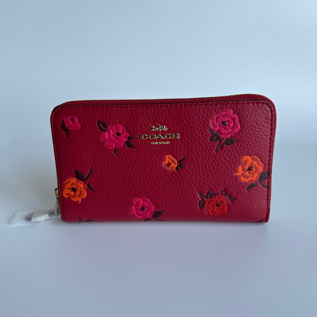 Coach Peony Red Apple Multi Pebbled Leather Medium Zip Wallet NWT