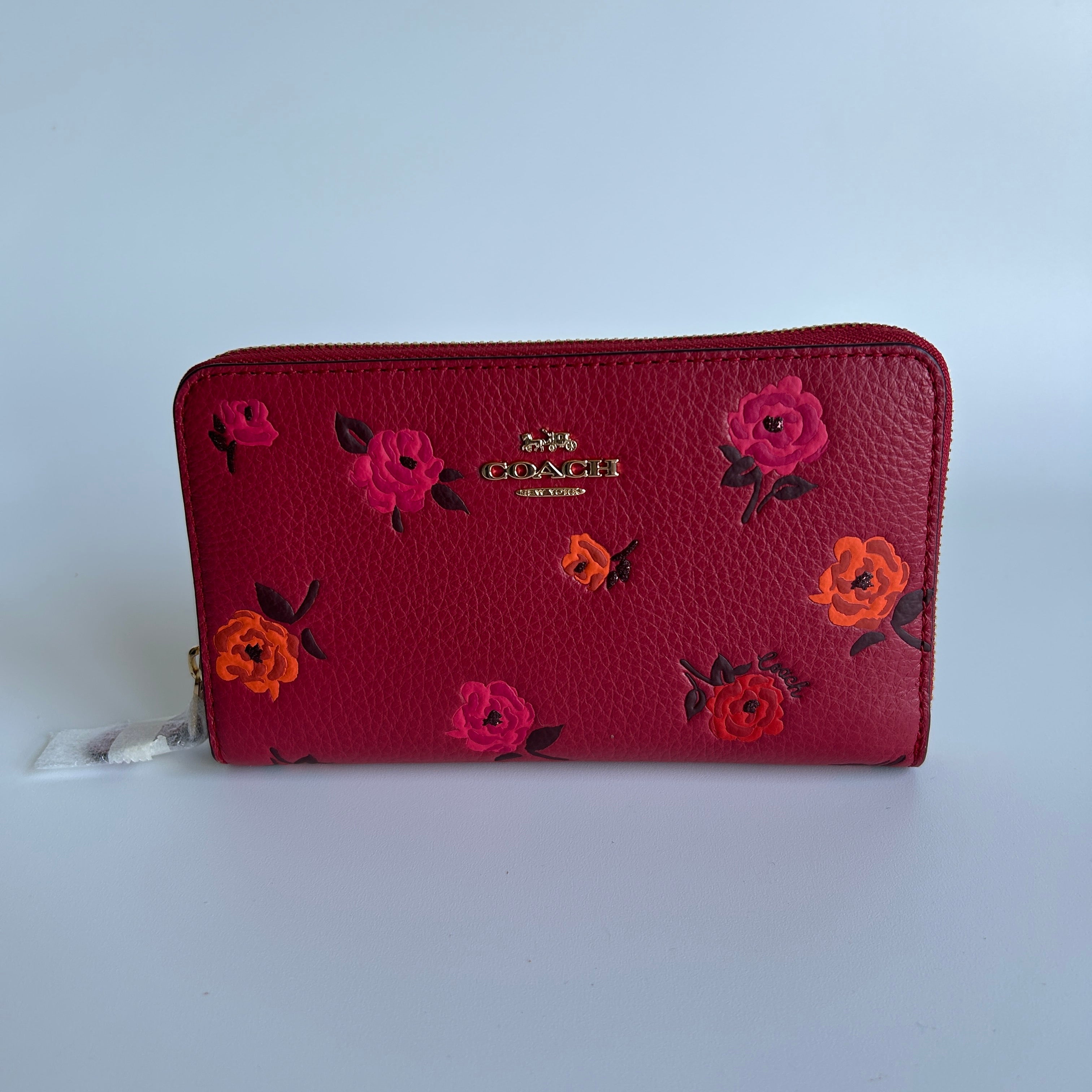 Coach Peony Red Apple Multi Pebbled Leather Medium Zip Wallet NWT