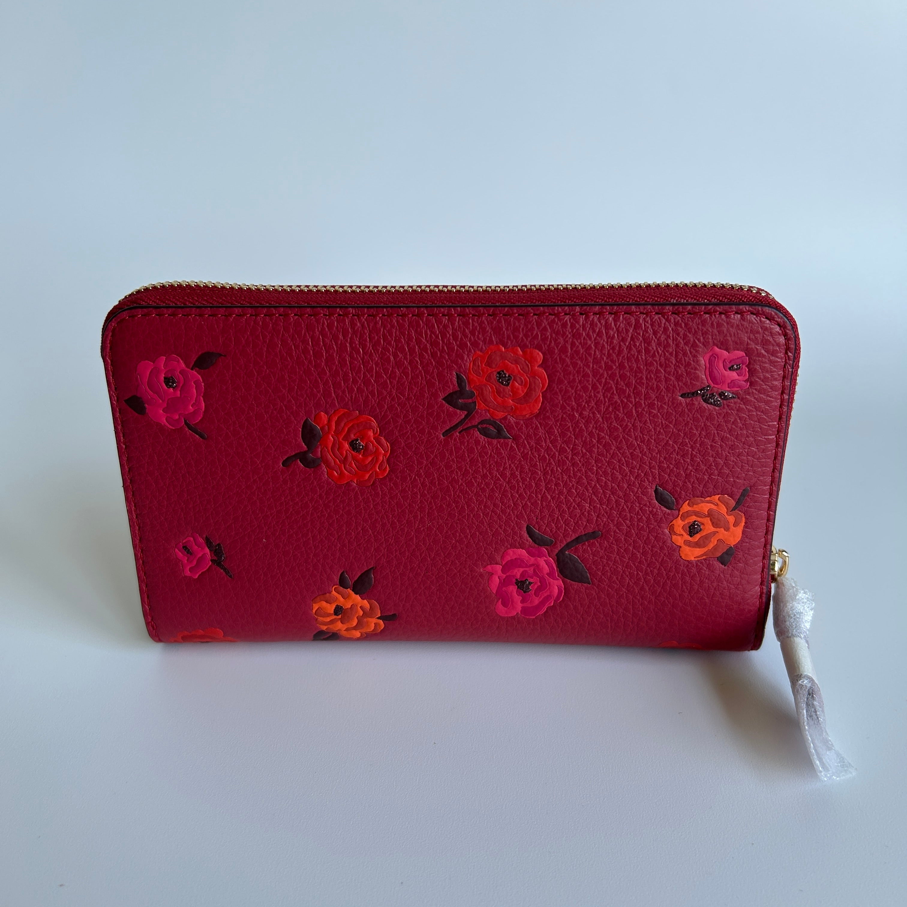 Coach Peony Red Apple Multi Pebbled Leather Medium Zip Wallet NWT