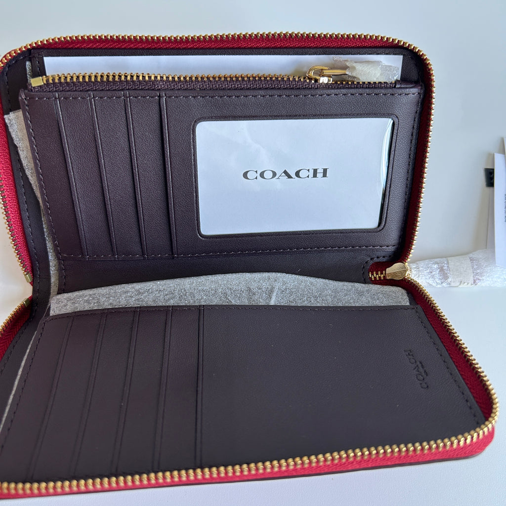 Coach Peony Red Apple Multi Pebbled Leather Medium Zip Wallet NWT