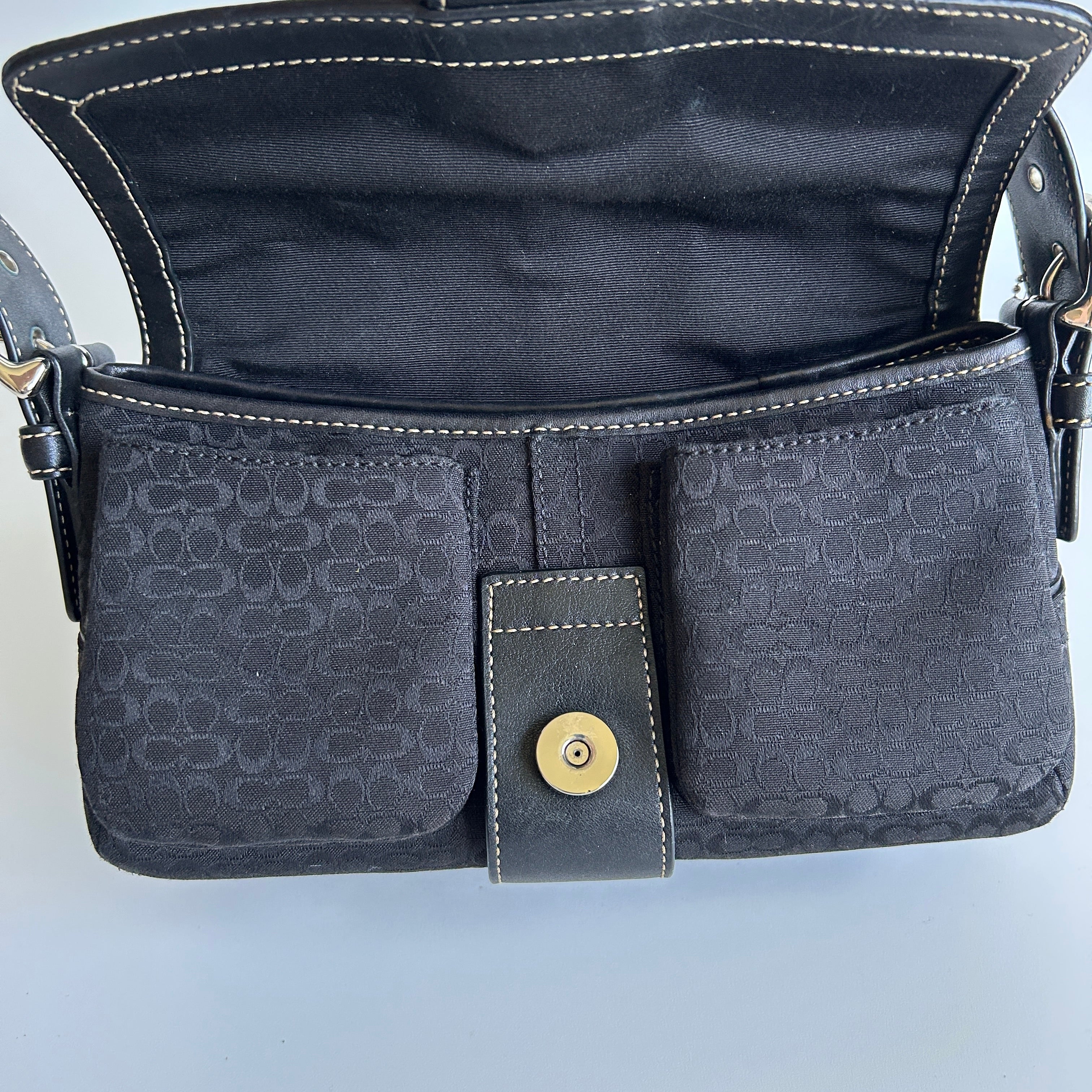 Coach Soho 1463 Black Signature Jacquard Leather Flap Shoulder Bag Excellent