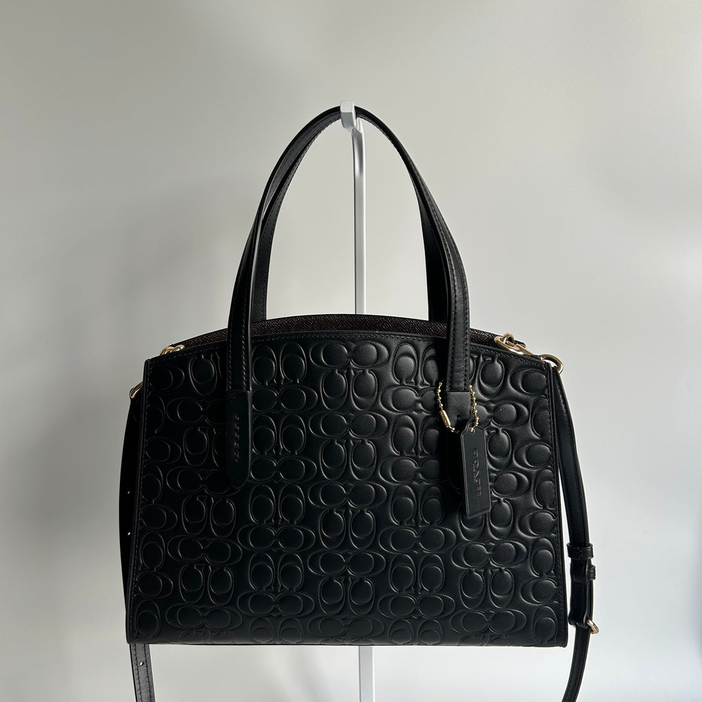 Coach Charlie Carryall 28 Black Signature Leather Shoulder Bag Excellent