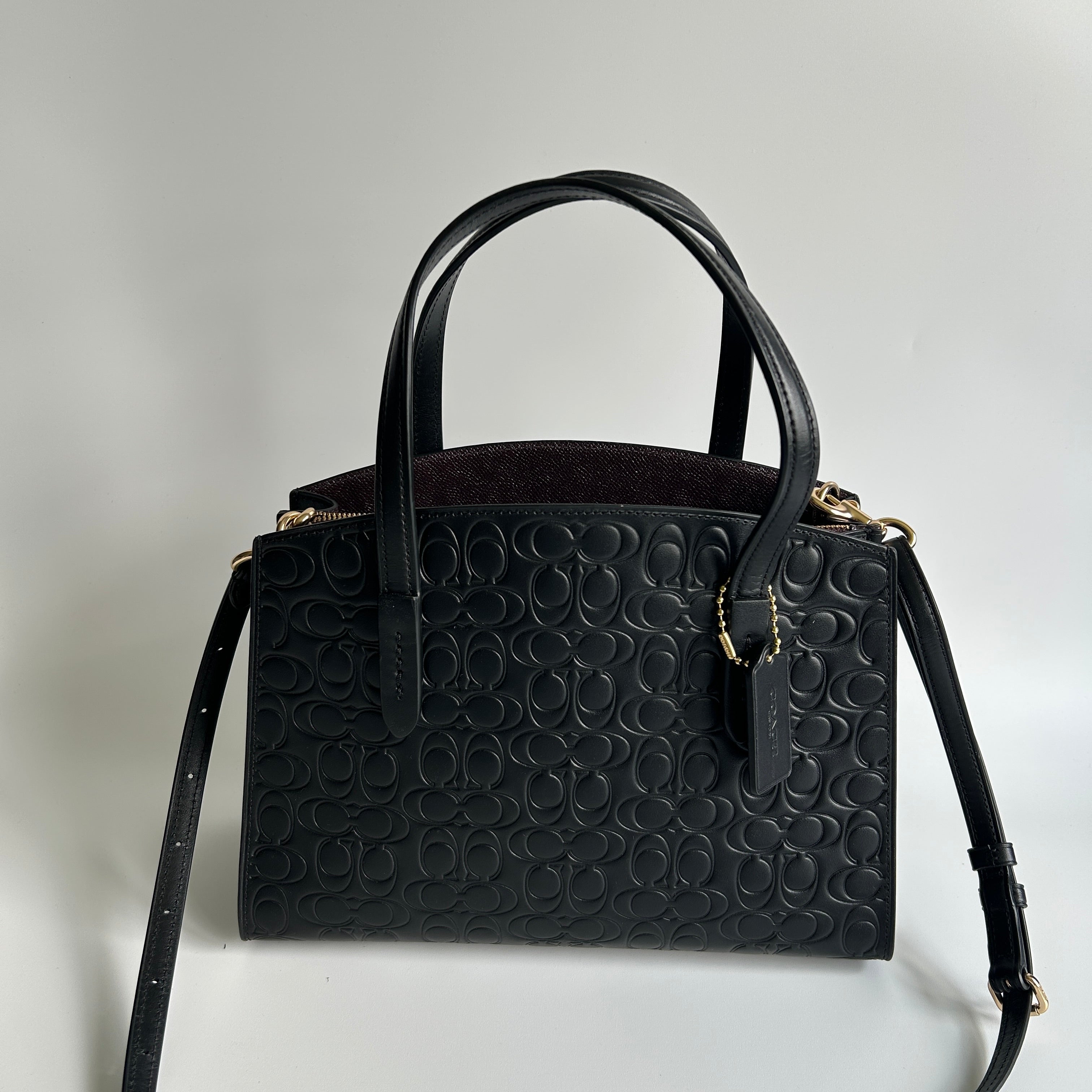 Coach Charlie Carryall 28 Black Signature Leather Shoulder Bag Excellent