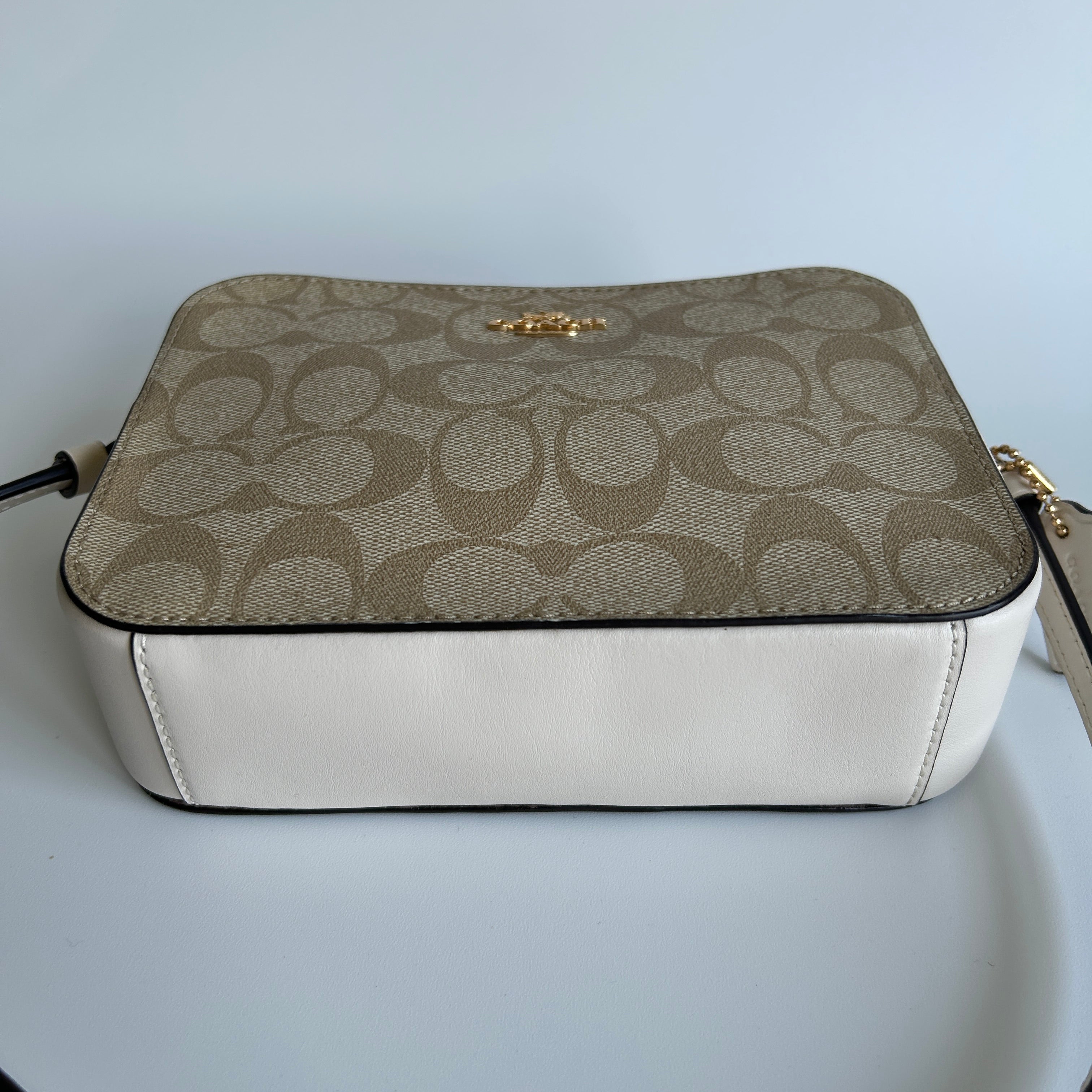 Coach Mini Camera Bag Light Khaki Chalk Canvas Leather Crossbody Excellent