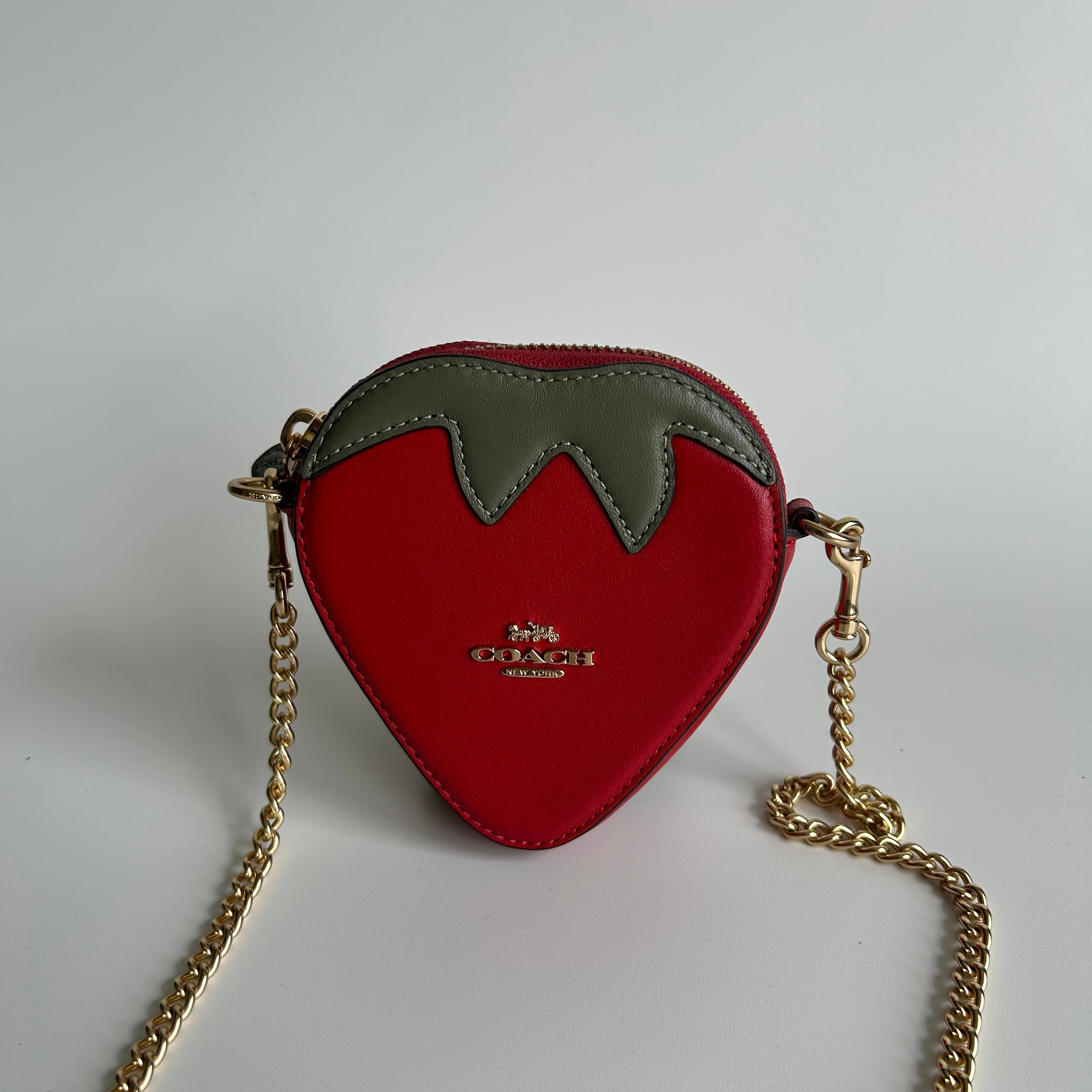 Coach Strawberry Red Leather Crossbody Bag Gold Chain CH524 Excellent