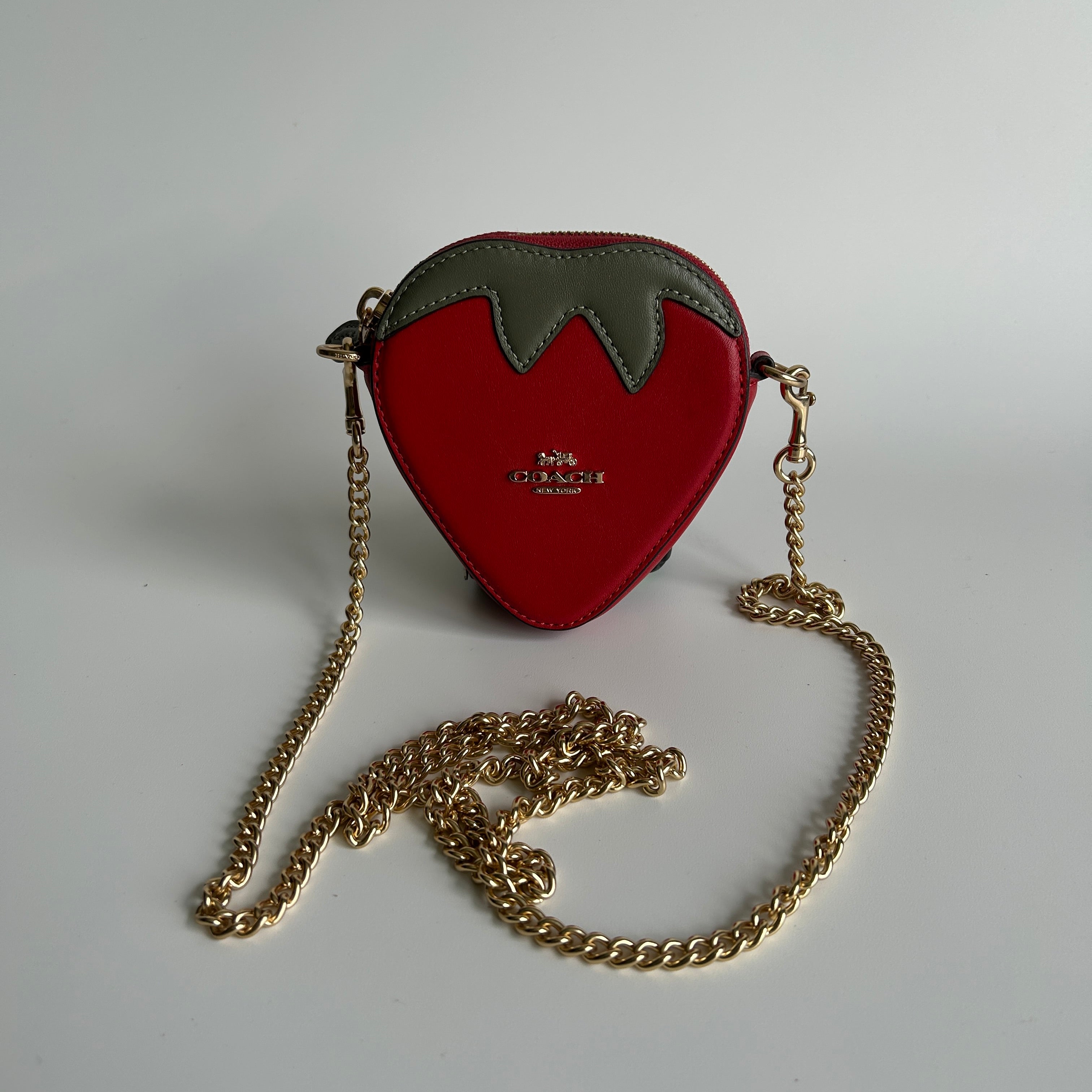Coach Strawberry Red Leather Crossbody Bag Gold Chain CH524 Excellent