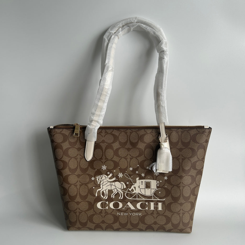 Coach Signature Sleigh Zip Tote Khaki Chalk Canvas Bag NEW