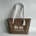 Coach Signature Sleigh Zip Tote Khaki Chalk Canvas Bag NEW