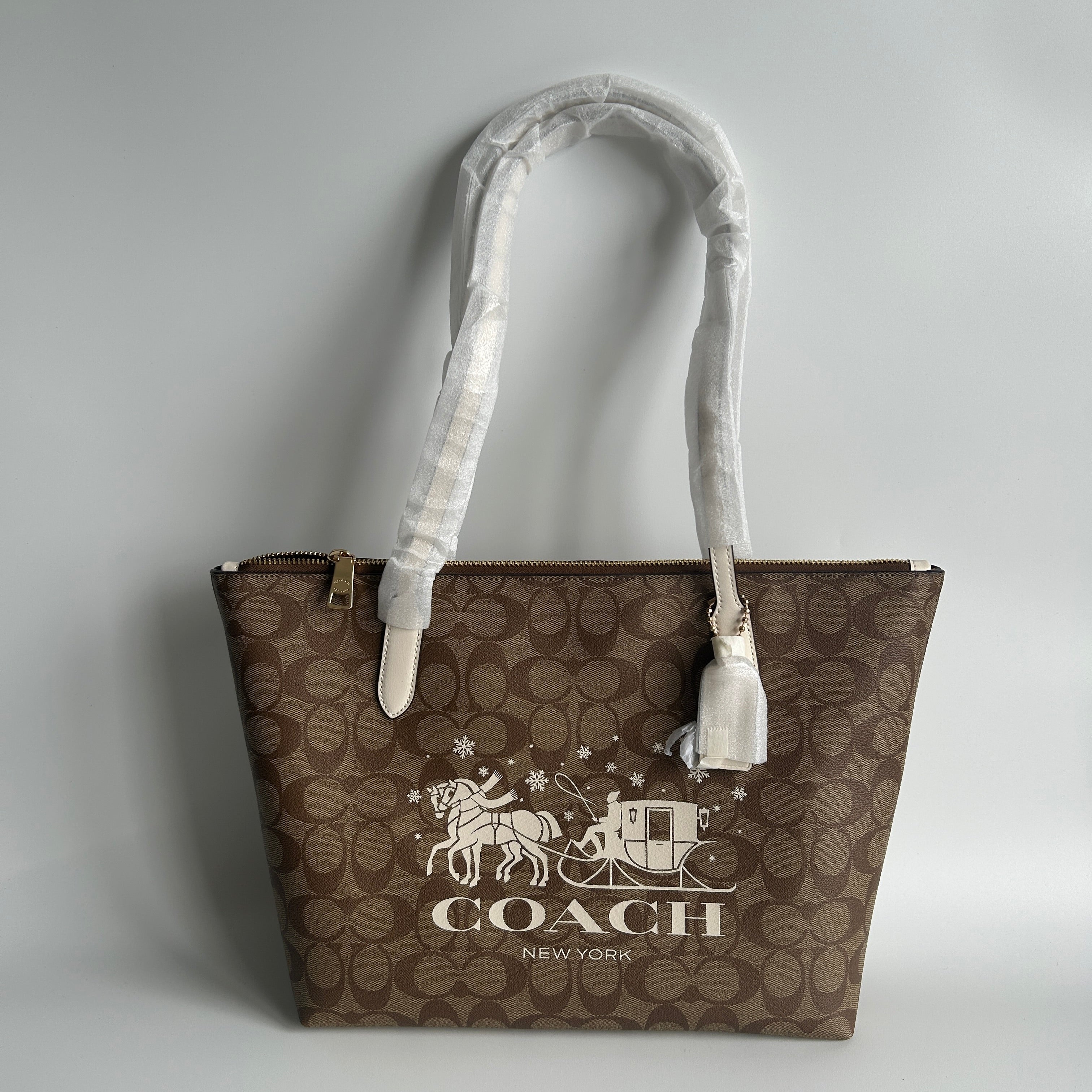 Coach Signature Sleigh Zip Tote Khaki Chalk Canvas Bag NEW