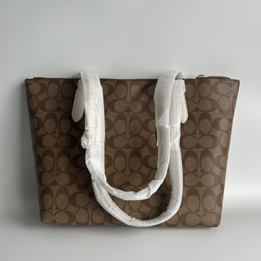 Coach Signature Sleigh Zip Tote Khaki Chalk Canvas Bag NEW