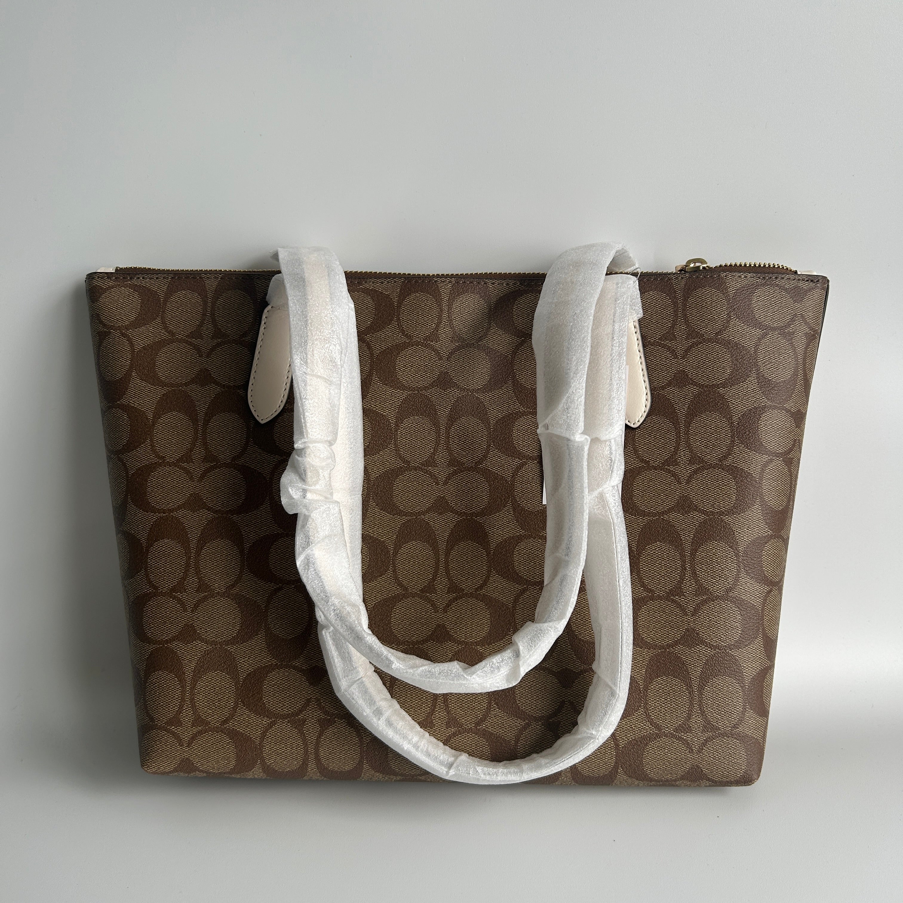 Coach Signature Sleigh Zip Tote Khaki Chalk Canvas Bag NEW