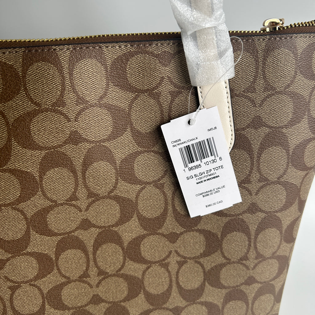 Coach Signature Sleigh Zip Tote Khaki Chalk Canvas Bag NEW