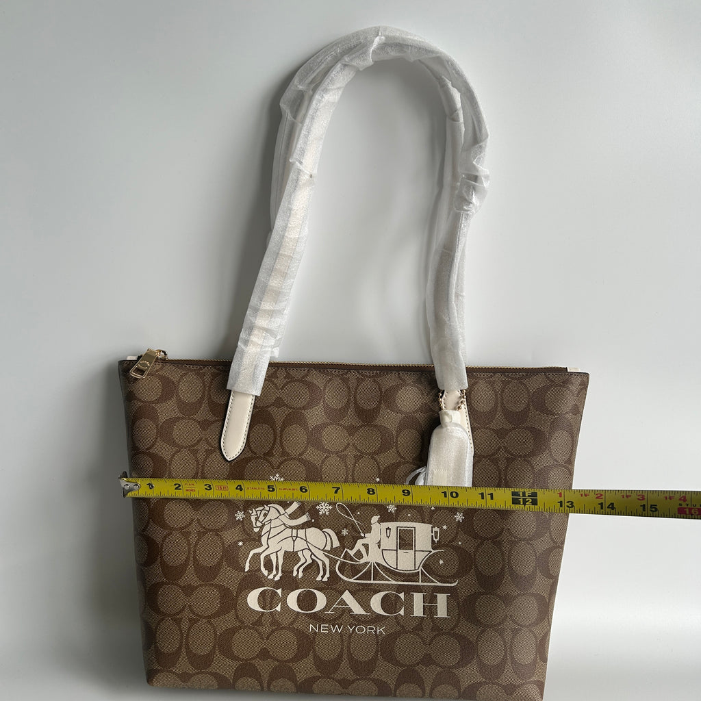 Coach Signature Sleigh Zip Tote Khaki Chalk Canvas Bag NEW