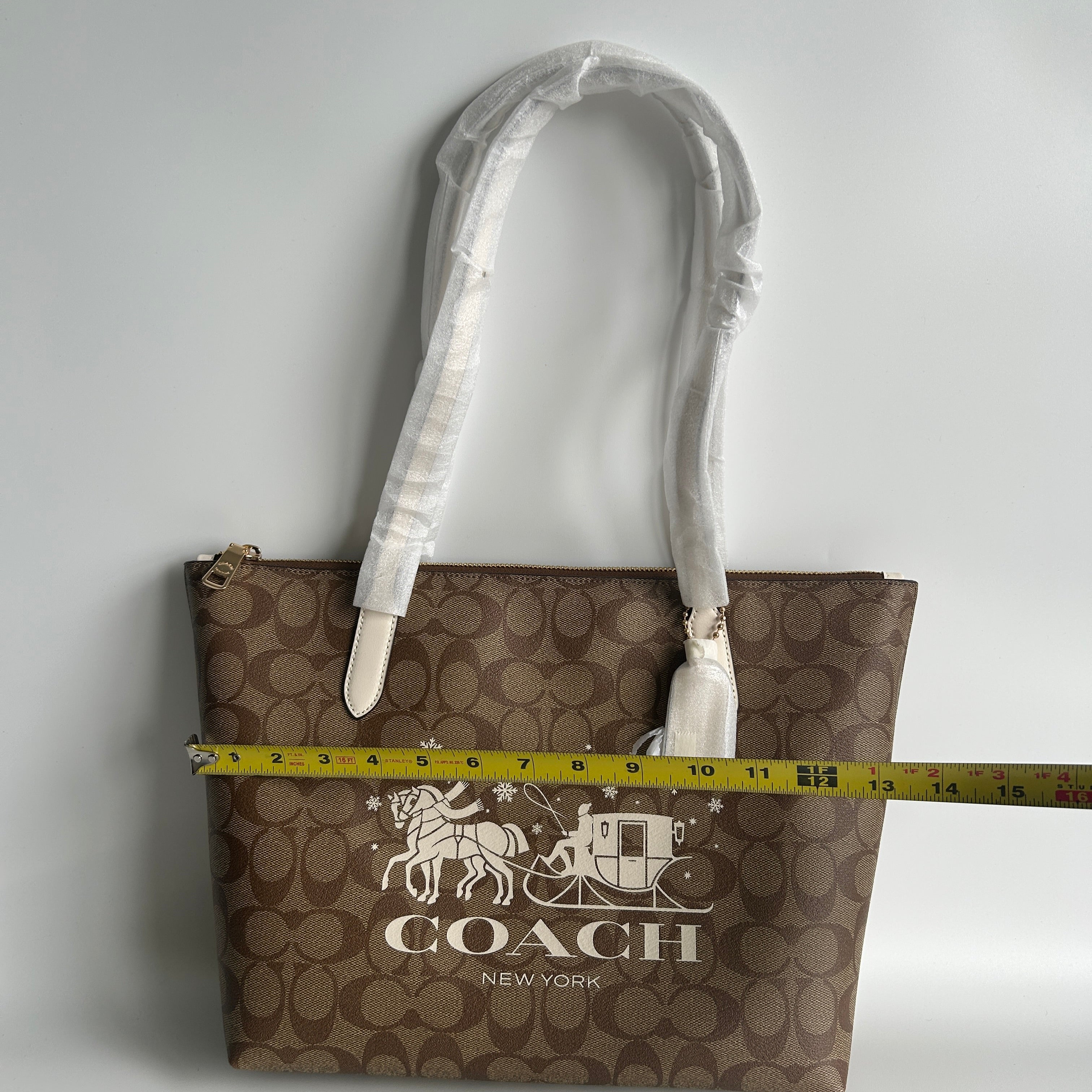 Coach Signature Sleigh Zip Tote Khaki Chalk Canvas Bag NEW
