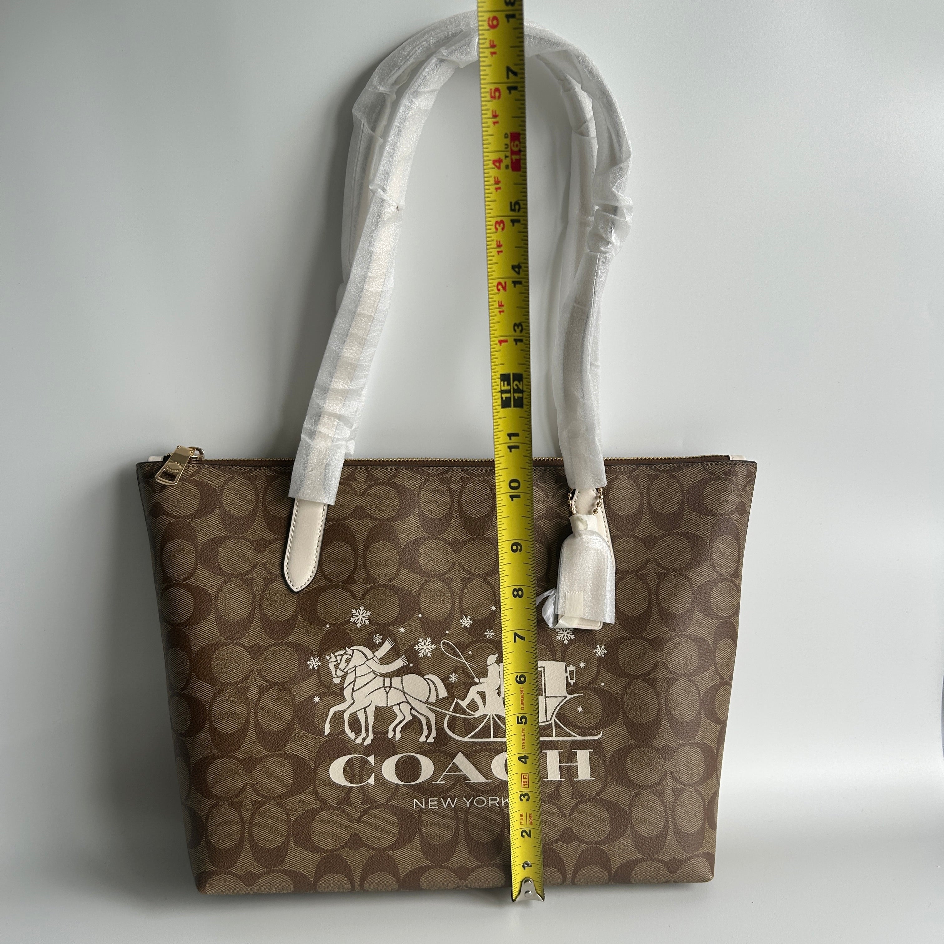 Coach Signature Sleigh Zip Tote Khaki Chalk Canvas Bag NEW