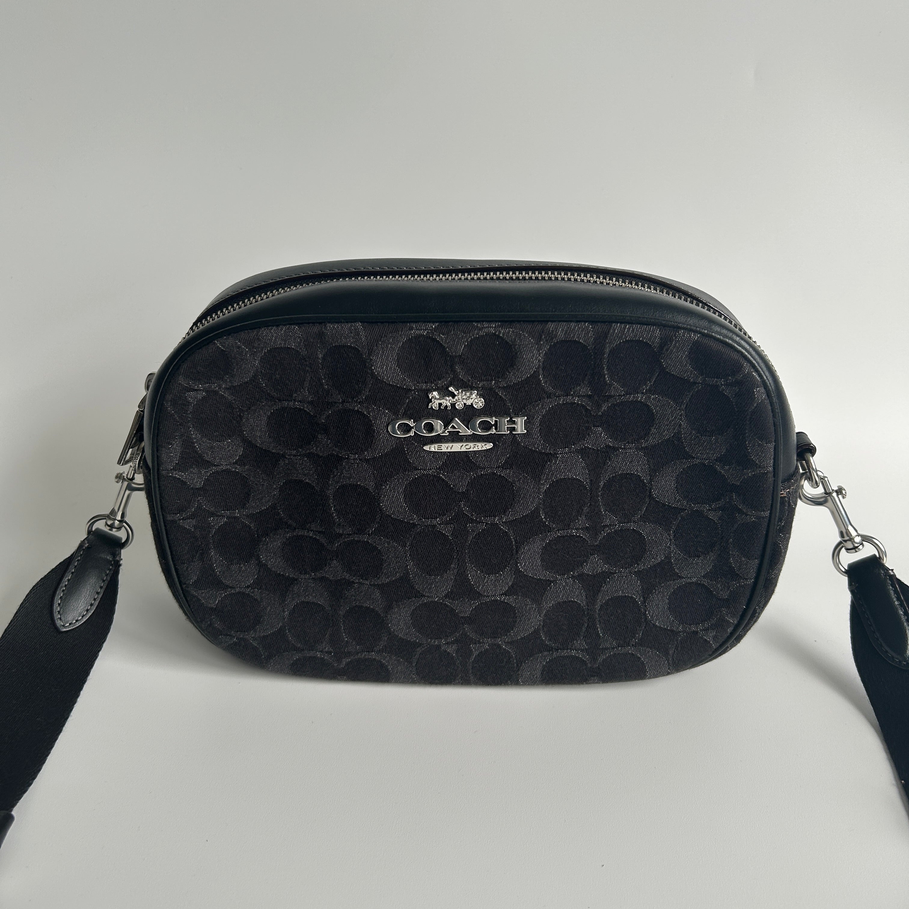 Coach Jamie Camera Bag Black Signature Denim Leather Crossbody C8219 Excellent