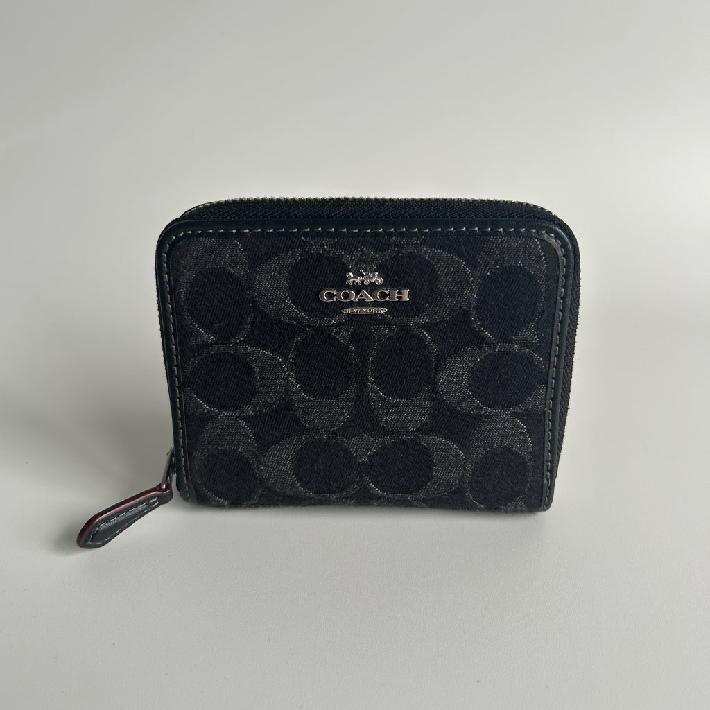 Coach Small Zip Around Black Signature Denim Canvas Leather Wallet Excellent