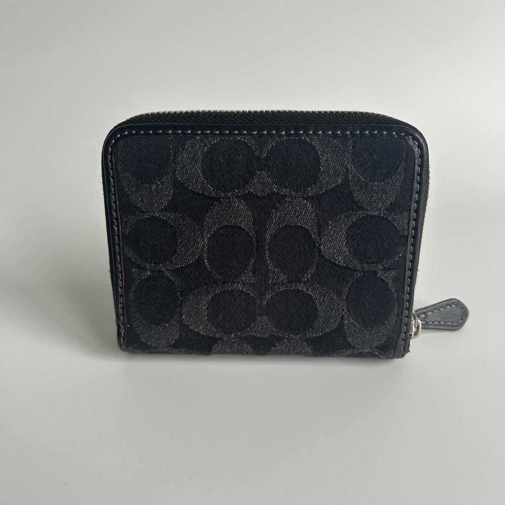 Coach Small Zip Around Black Signature Denim Canvas Leather Wallet Excellent
