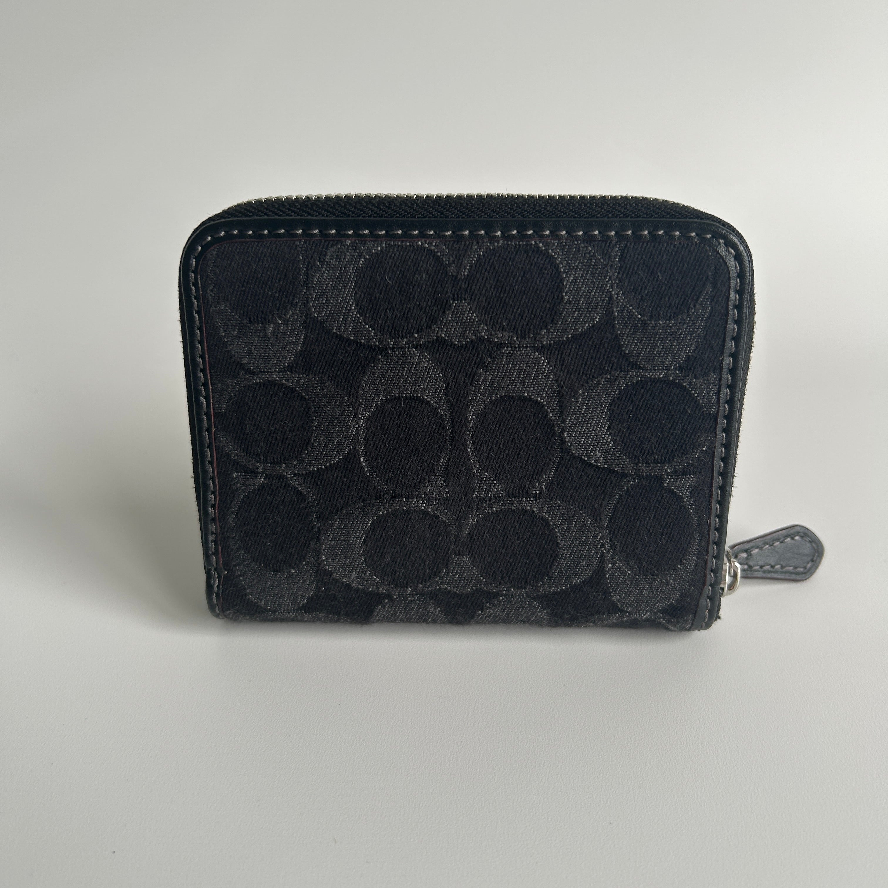 Coach Small Zip Around Black Signature Denim Canvas Leather Wallet Excellent