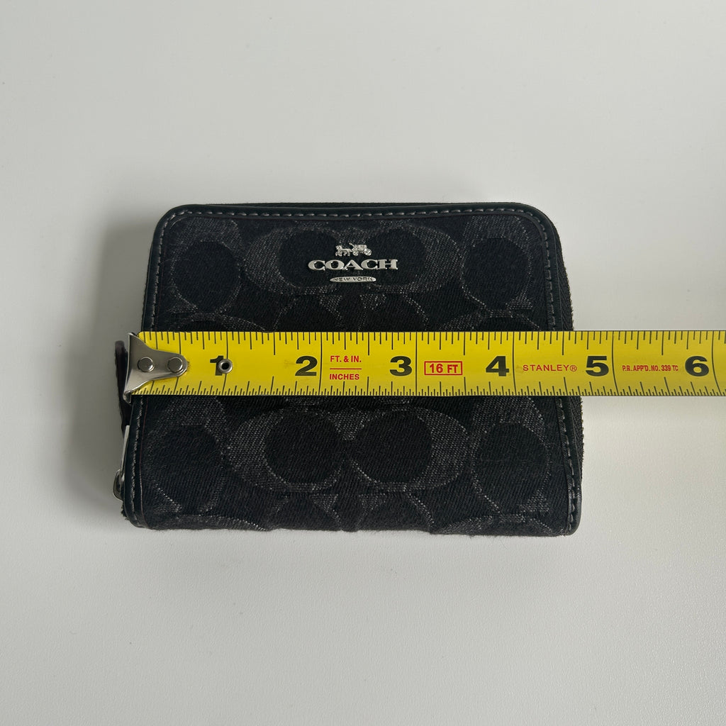 Coach Small Zip Around Black Signature Denim Canvas Leather Wallet Excellent