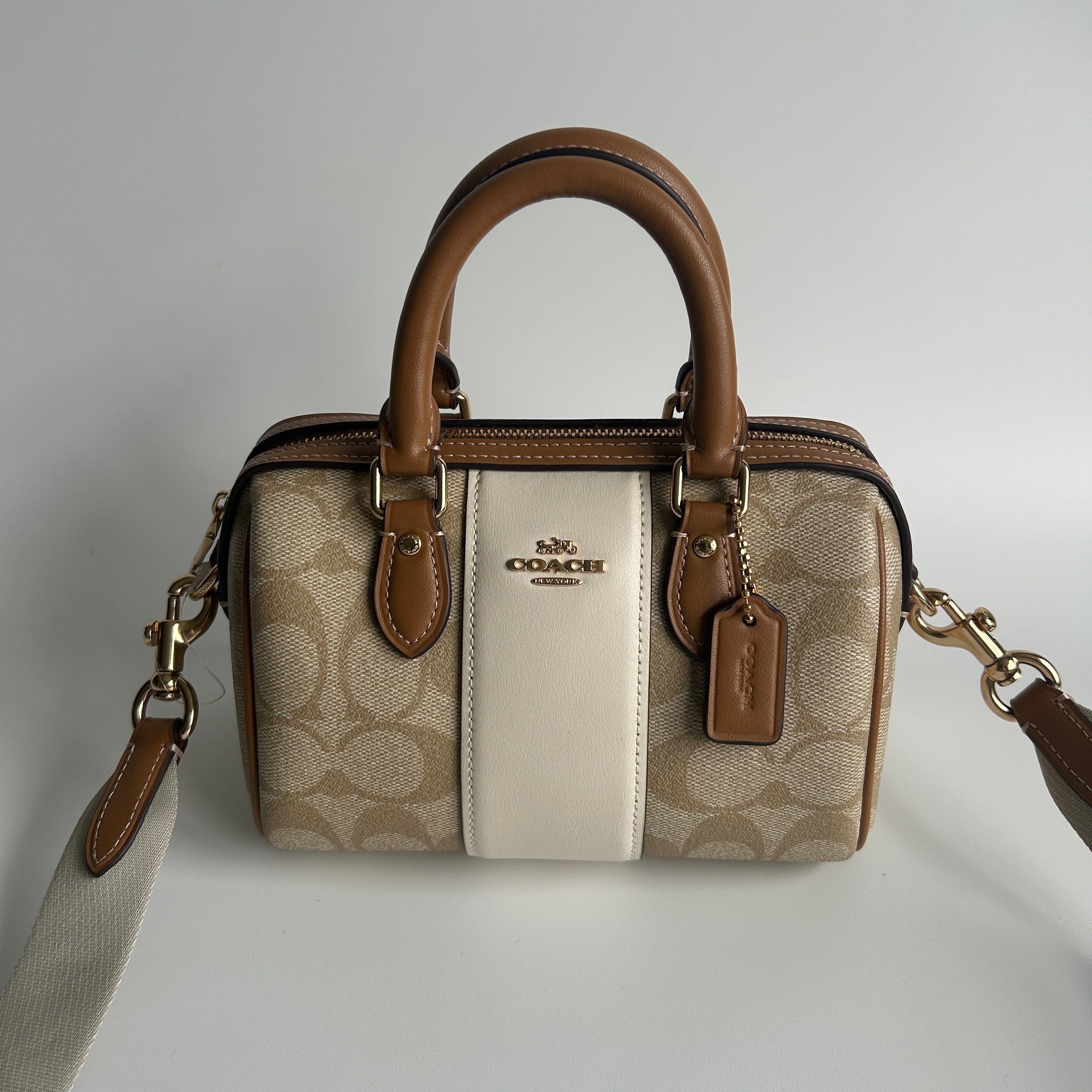 Coach Mini Rowan Crossbody Khaki Chalk Signature Canvas Satchel Excellent