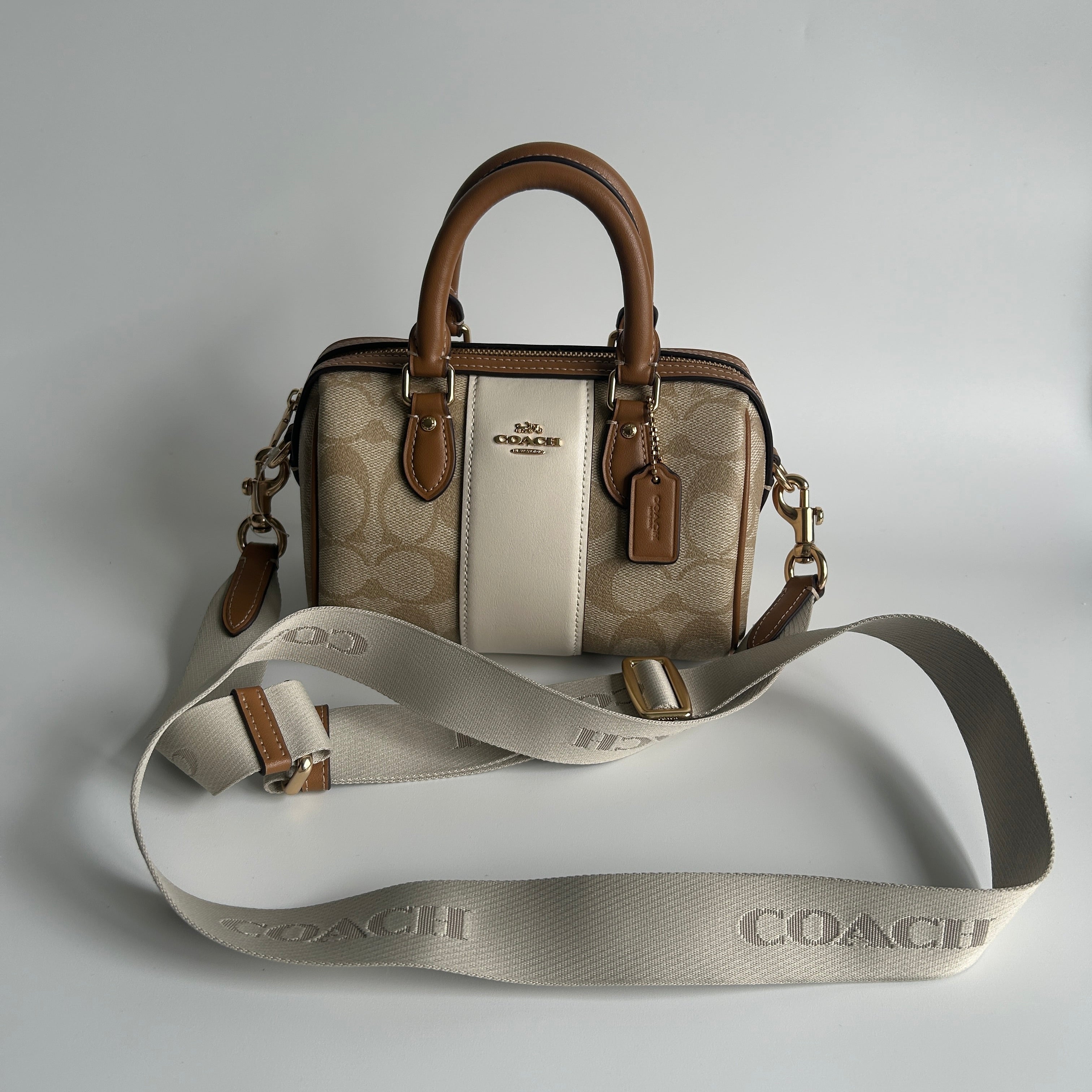 Coach Mini Rowan Crossbody Khaki Chalk Signature Canvas Satchel Excellent