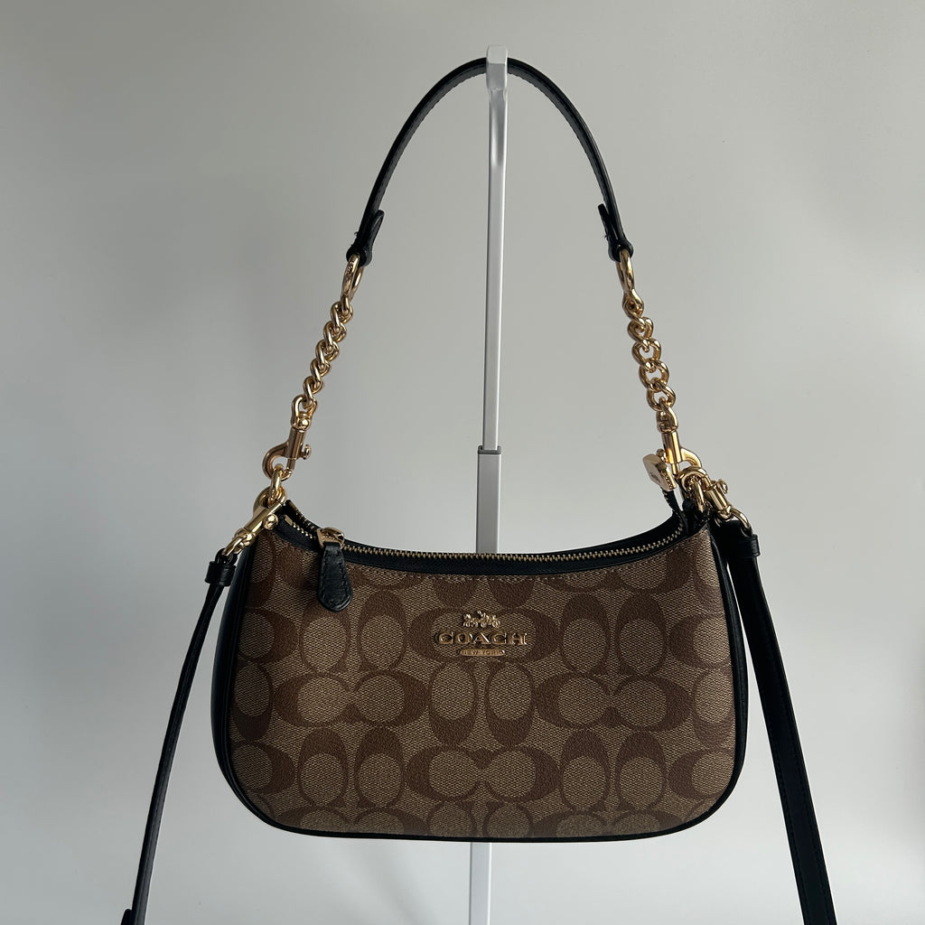 Coach Teri Shoulder Bag Brown Black Signature Canvas Leather CA548 Excellent