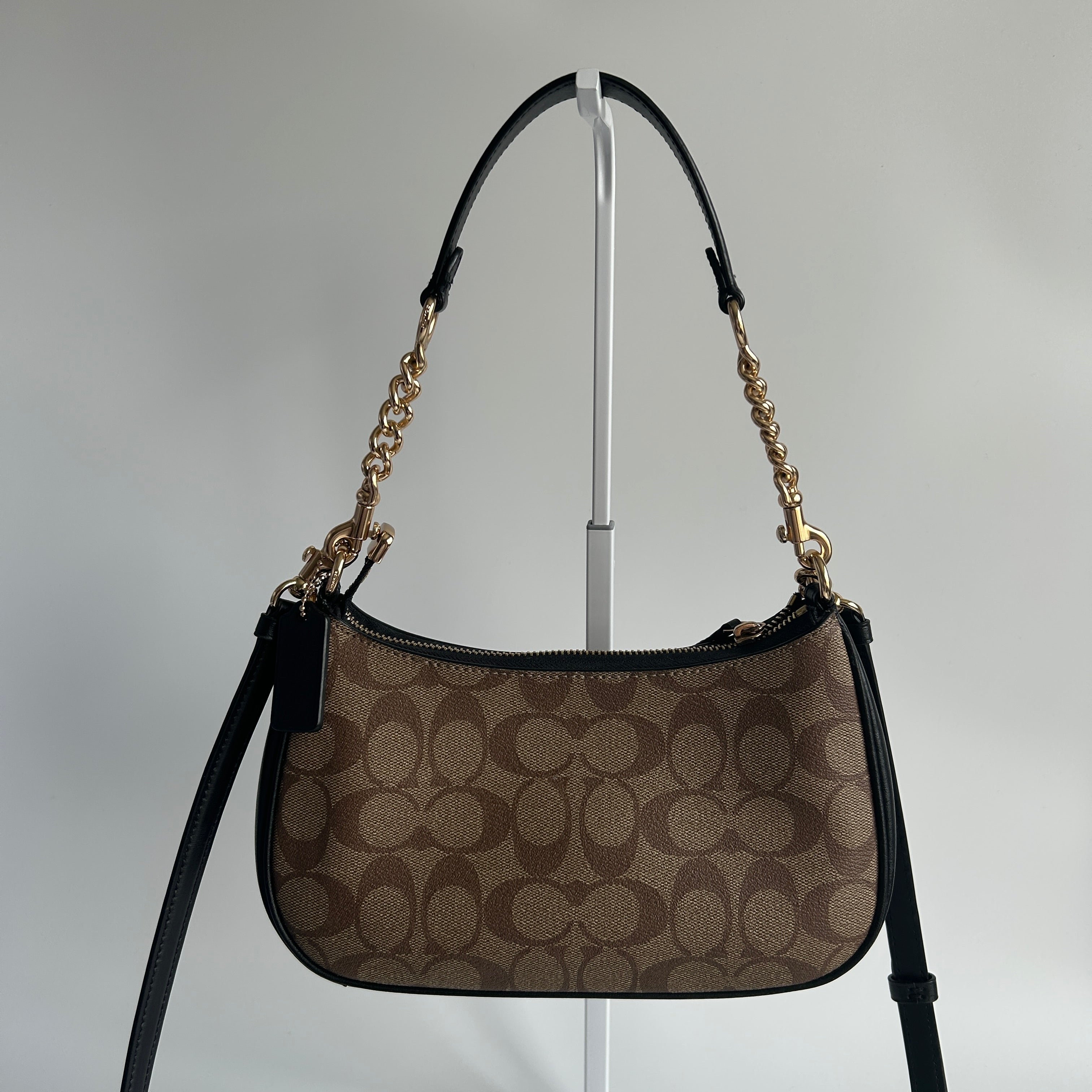 Coach Teri Shoulder Bag Brown Black Signature Canvas Leather CA548 Excellent