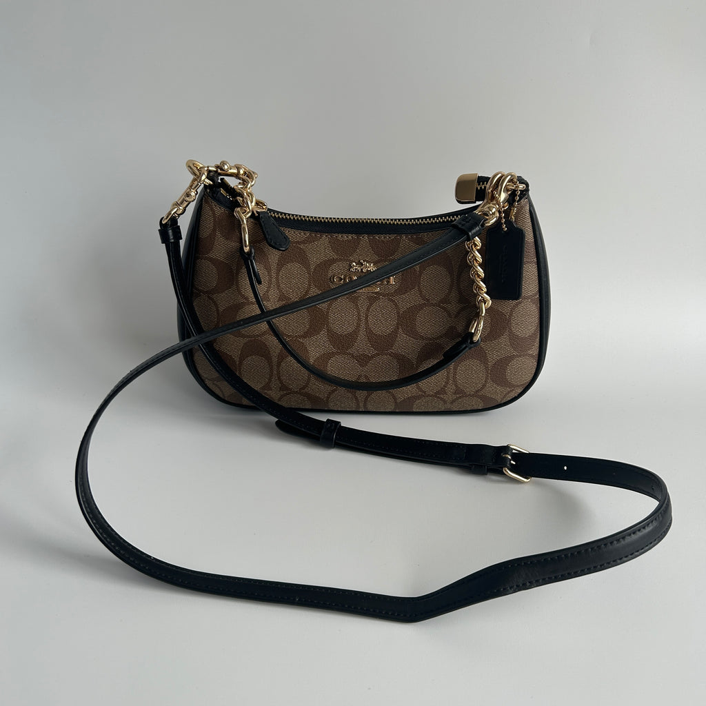 Coach Teri Shoulder Bag Brown Black Signature Canvas Leather CA548 Excellent