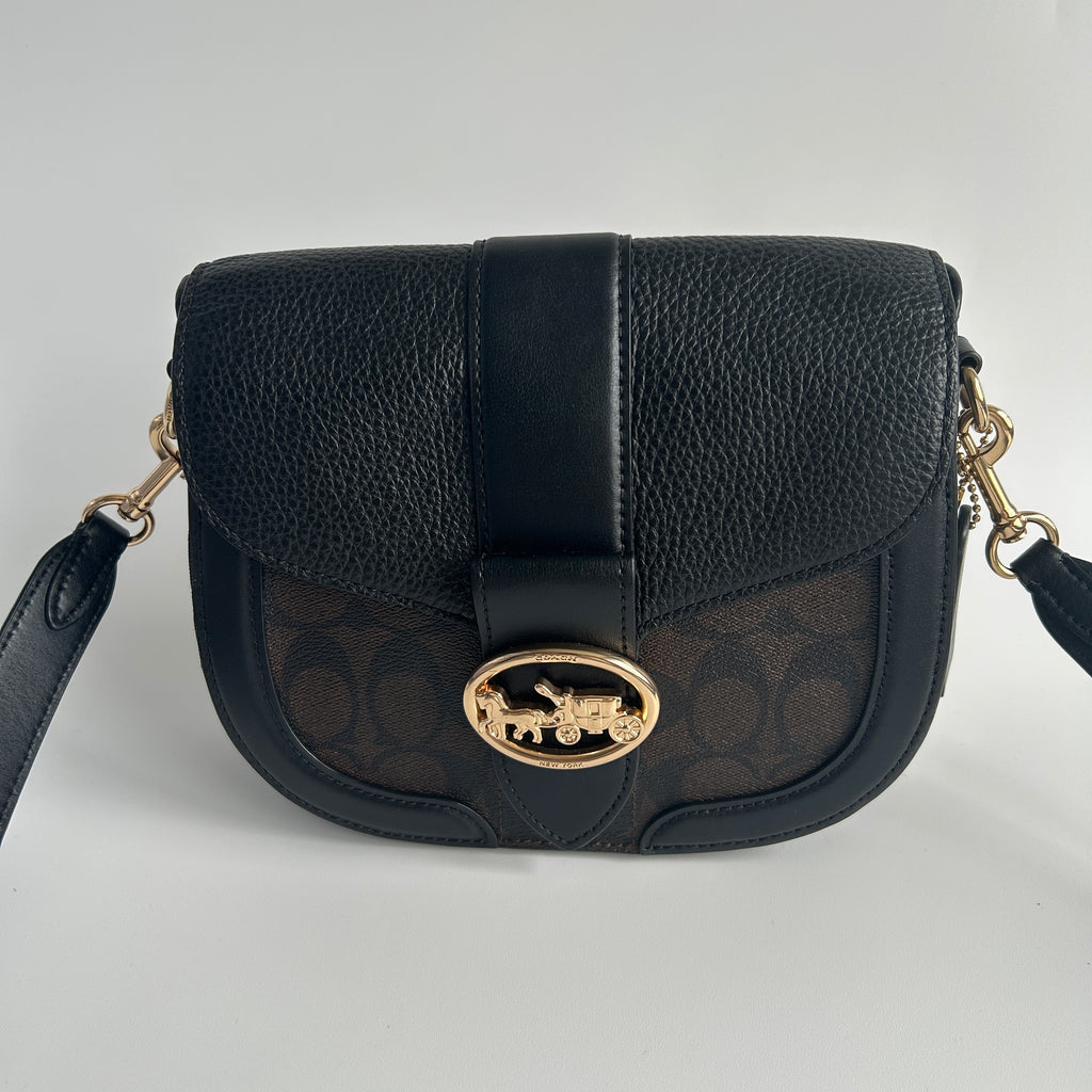 Coach Georgie Saddle Bag Brown Black Signature Canvas Leather C2806 Excellent