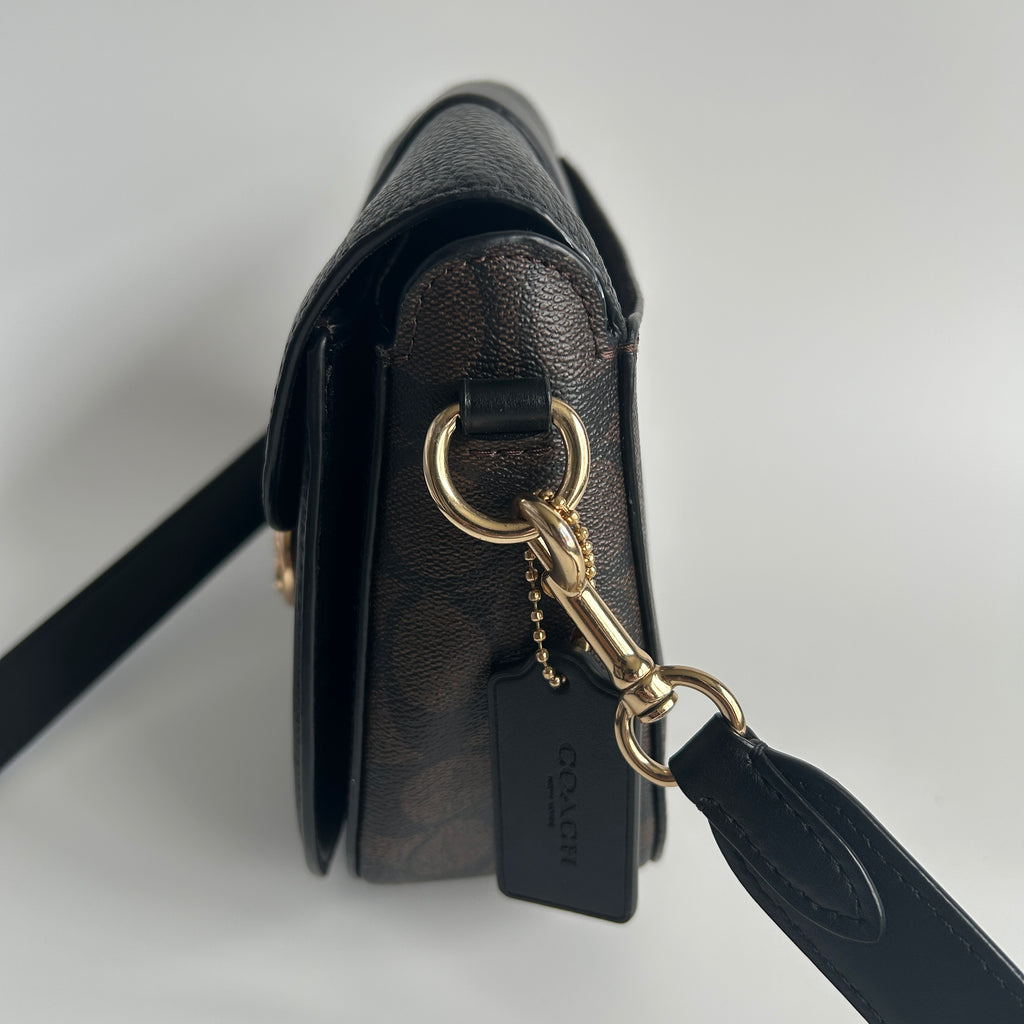 Coach Georgie Saddle Bag Brown Black Signature Canvas Leather C2806 Excellent