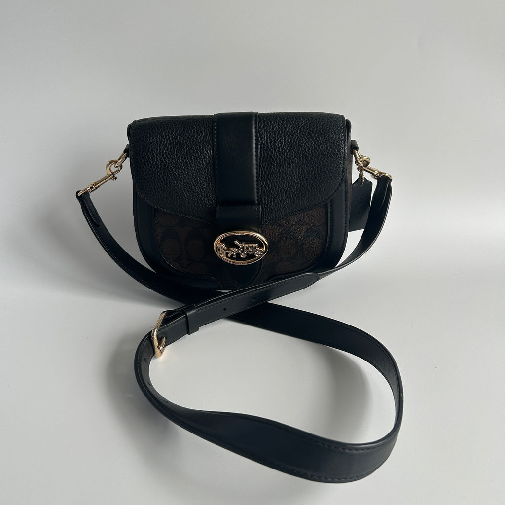 Coach Georgie Saddle Bag Brown Black Signature Canvas Leather C2806 Excellent