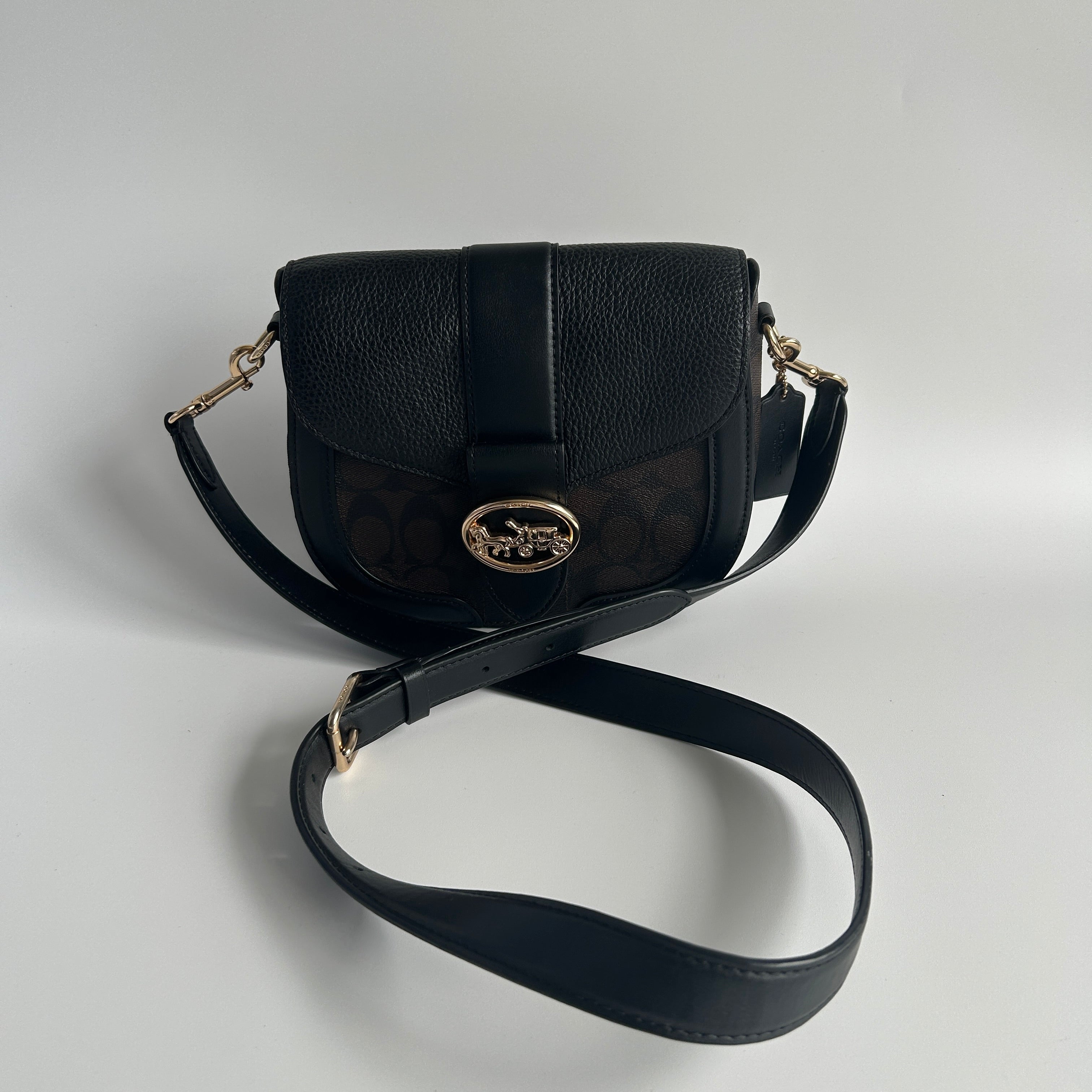 Coach Georgie Saddle Bag Brown Black Signature Canvas Leather C2806 Excellent