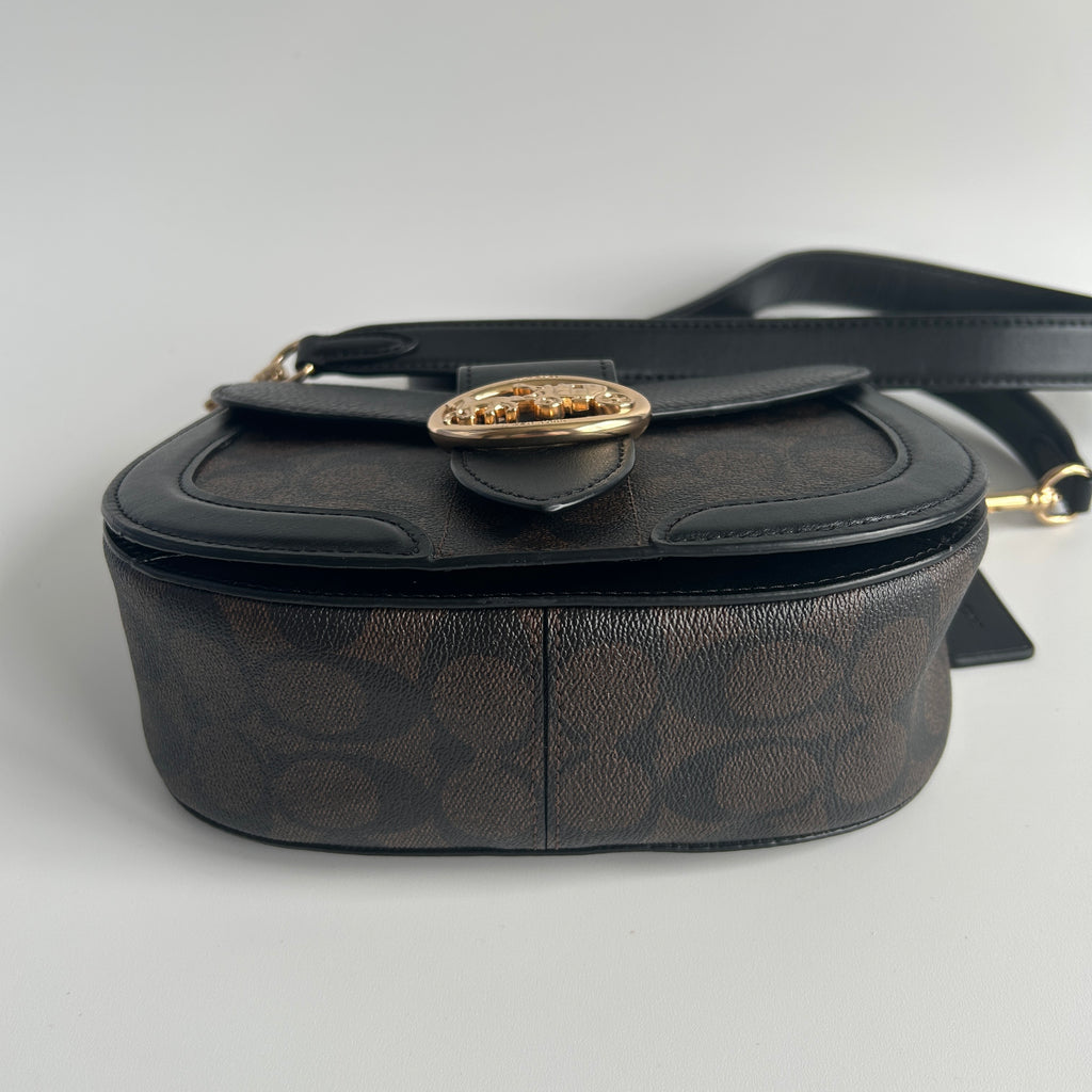 Coach Georgie Saddle Bag Brown Black Signature Canvas Leather C2806 Excellent