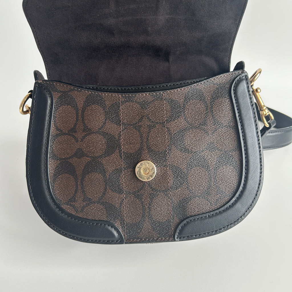 Coach Georgie Saddle Bag Brown Black Signature Canvas Leather C2806 Excellent