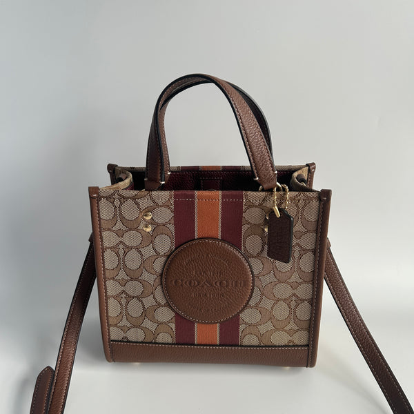Coach Dempsey Tote 22 Brown Signature Jacquard Leather Bag Excellent