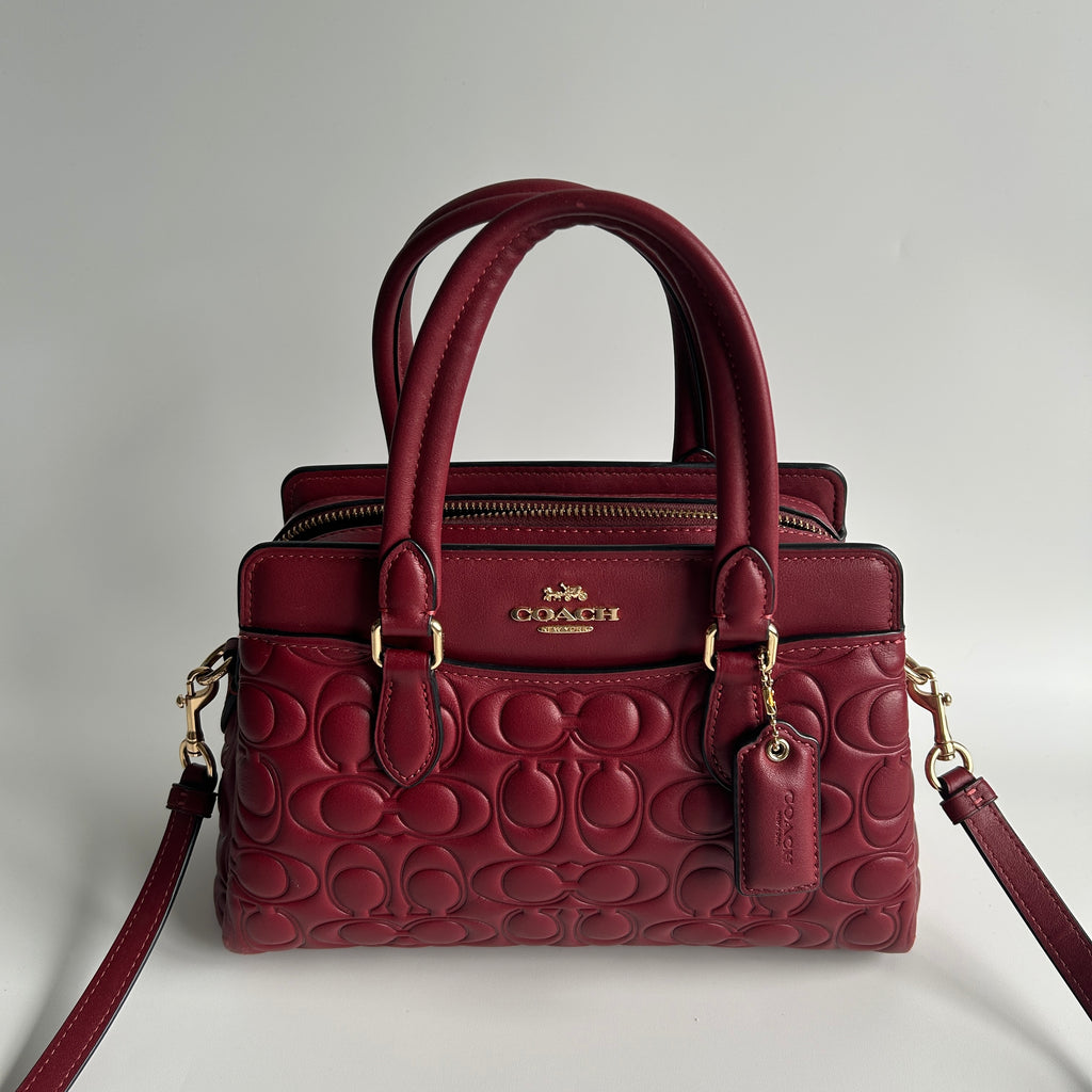 Coach Mini Darcie Carryall Red Signature Leather Satchel Bag GOOD
