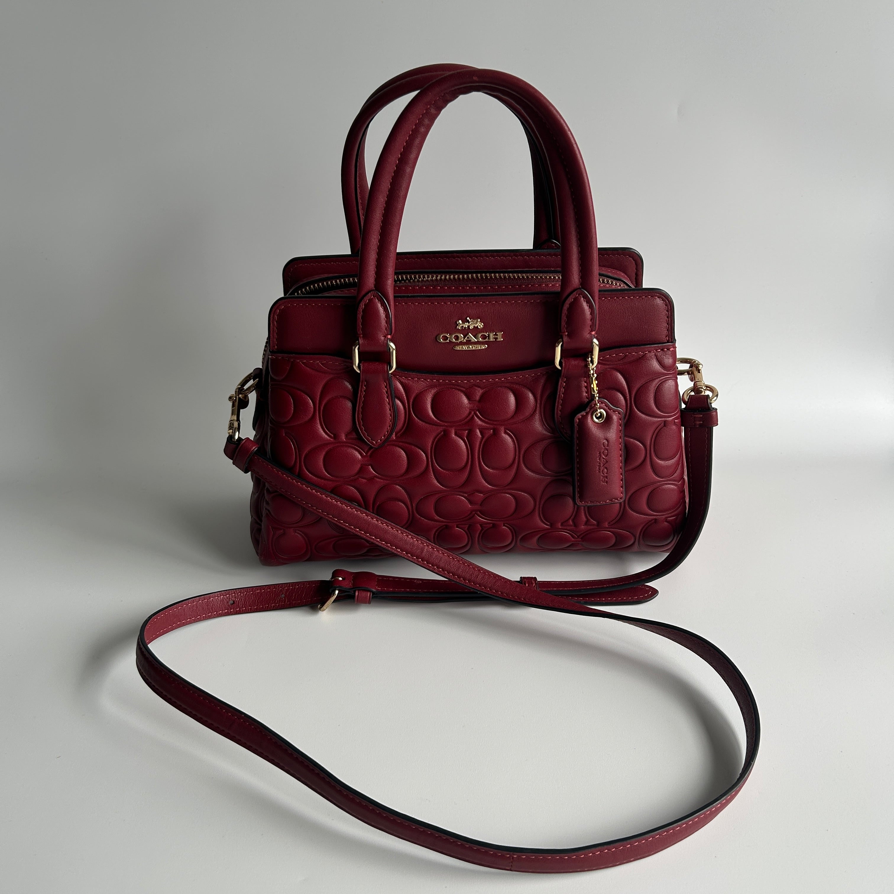 Coach Mini Darcie Carryall Red Signature Leather Satchel Bag GOOD
